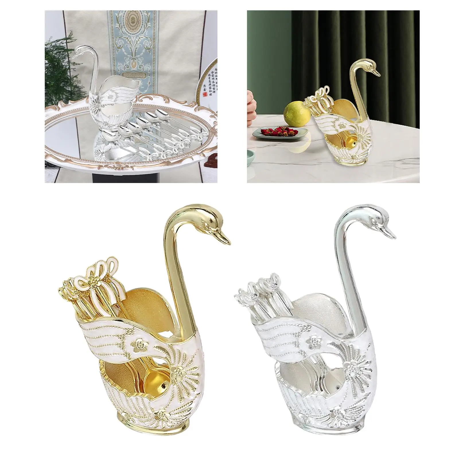 Alloy Swan Dinnerware Set with 6 Spoons Swan Base Holder Teaspoon Flatware Set for Wedding Home Dining Table Hotel Decoration