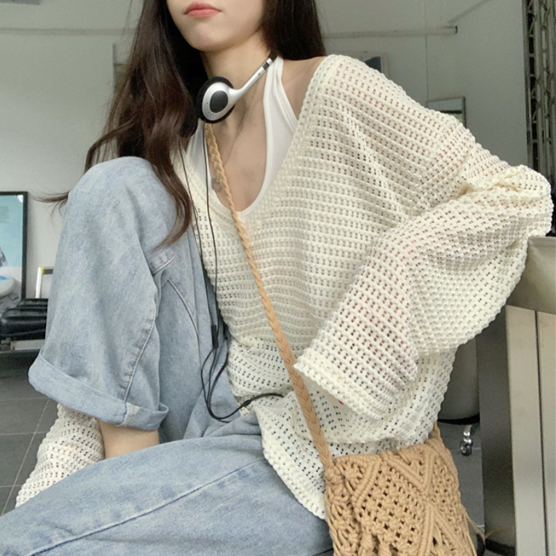 2023 Summer New Korean V-neck Sexy Hollow Loose Casual Knit Long-sleeved  T-shirt Women + Backless White Camisole Two-piece Suit - AliExpress