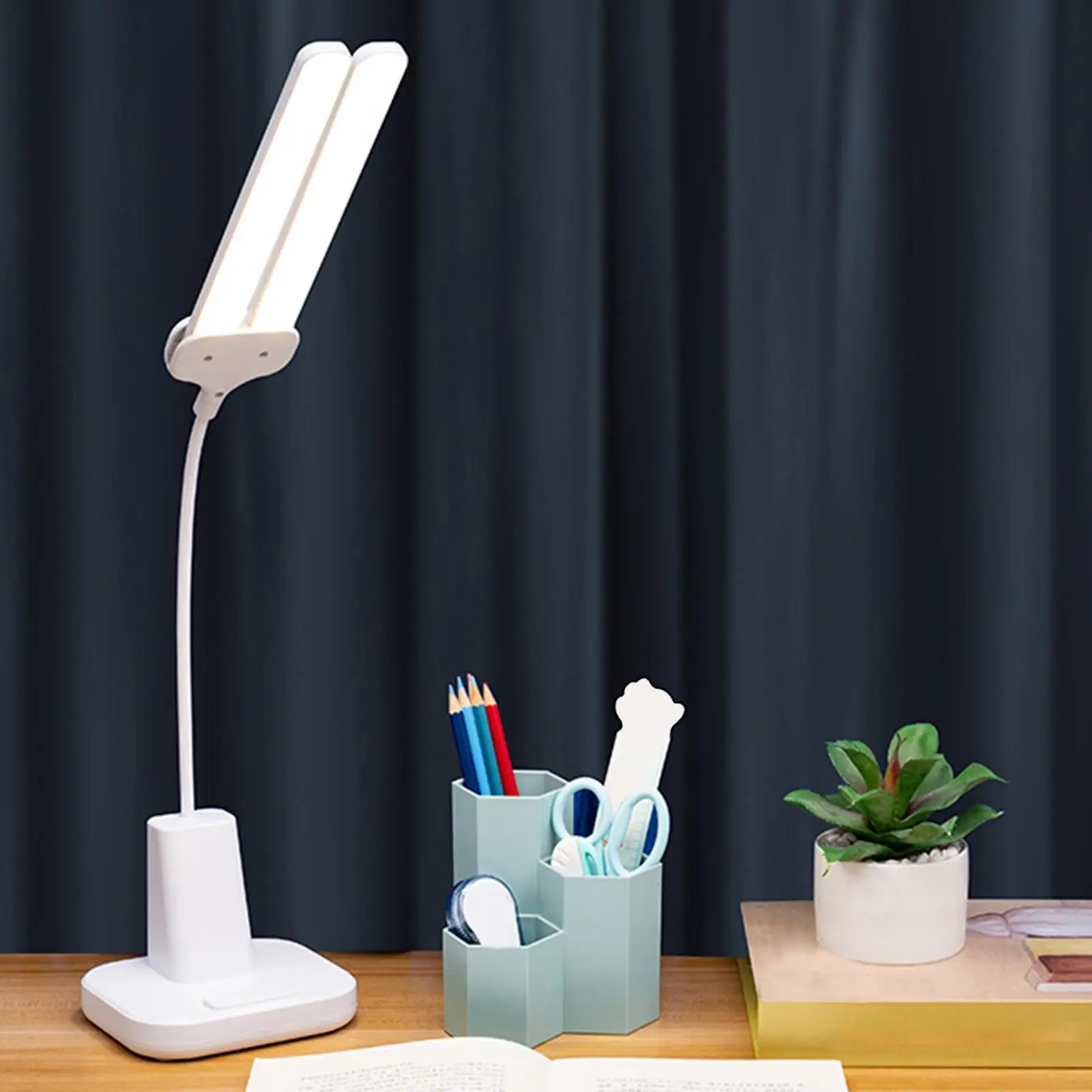 Dual Head LED Desk Lamp Flexible Neck Dimmable White Adjustable Color Temperature Reading Light Durable Multifunctional Portable