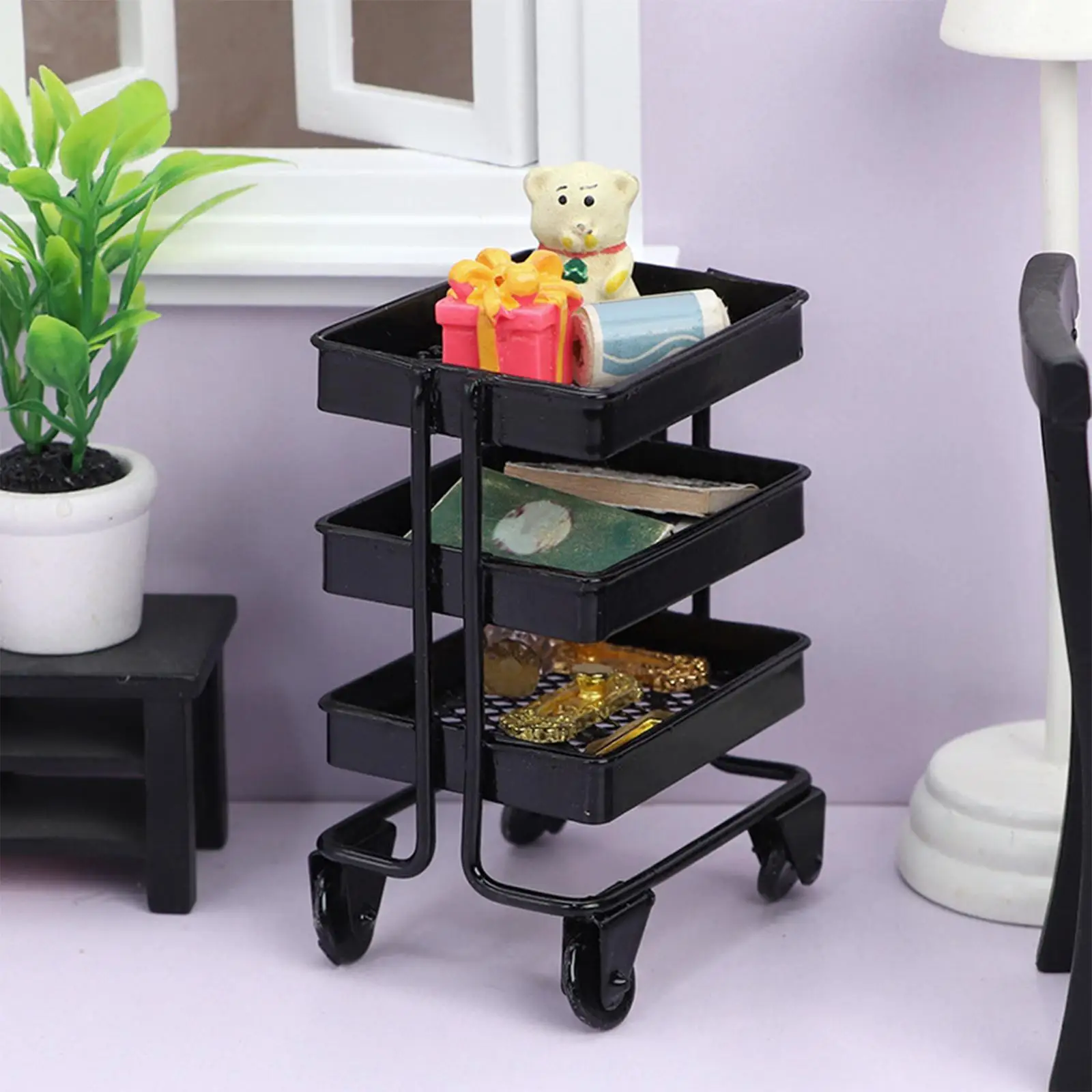 1/12 Dollhouse 3 Tier Miniature Rolling Cart Storage with Wheels Decoration