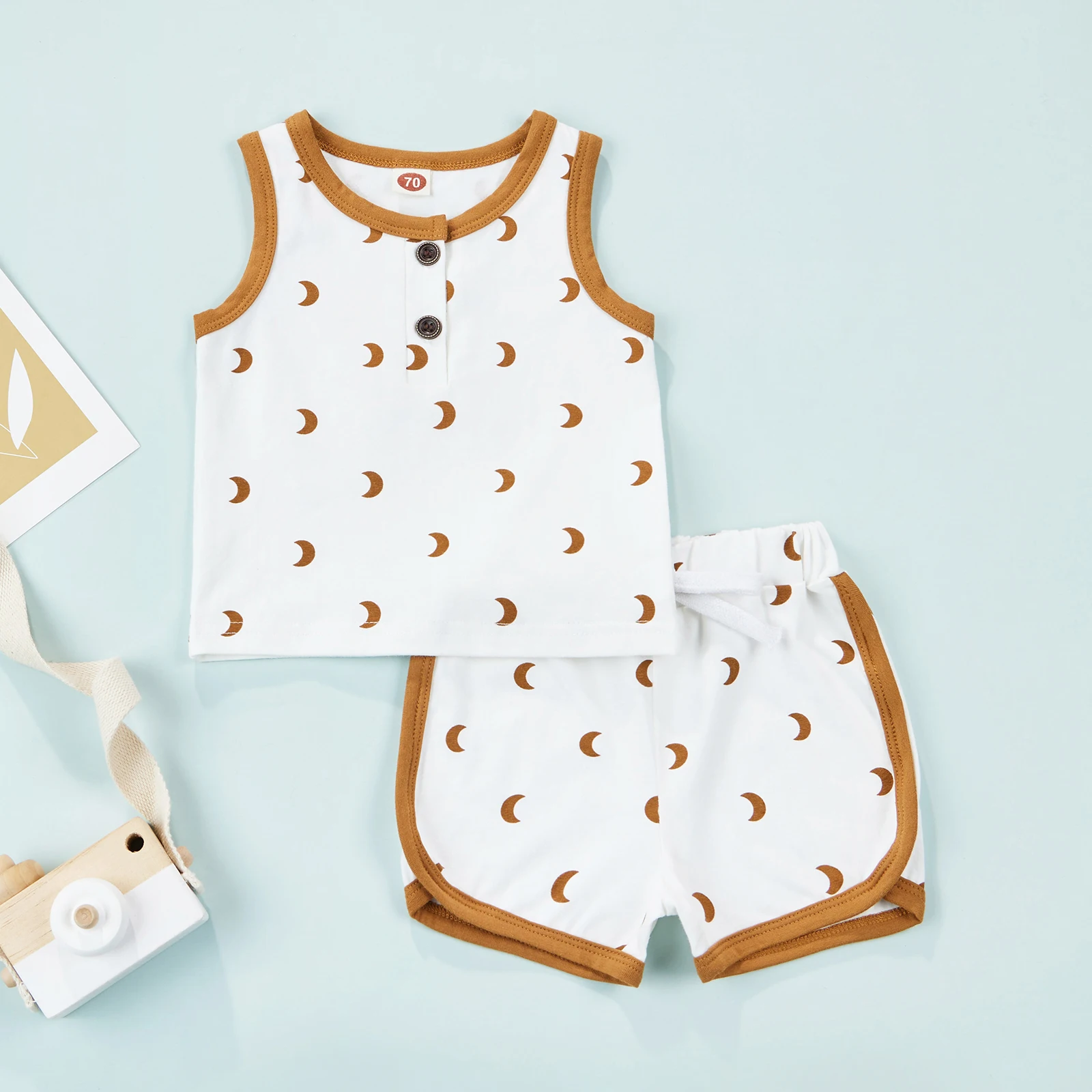 2022 0-24M Infant Girl Boy Clothes Set Casual Summer Moon Print Sleeveless Round Neck Top Vest+Shorts Loose Cotton Outfits 2pcs newborn baby clothing gift set
