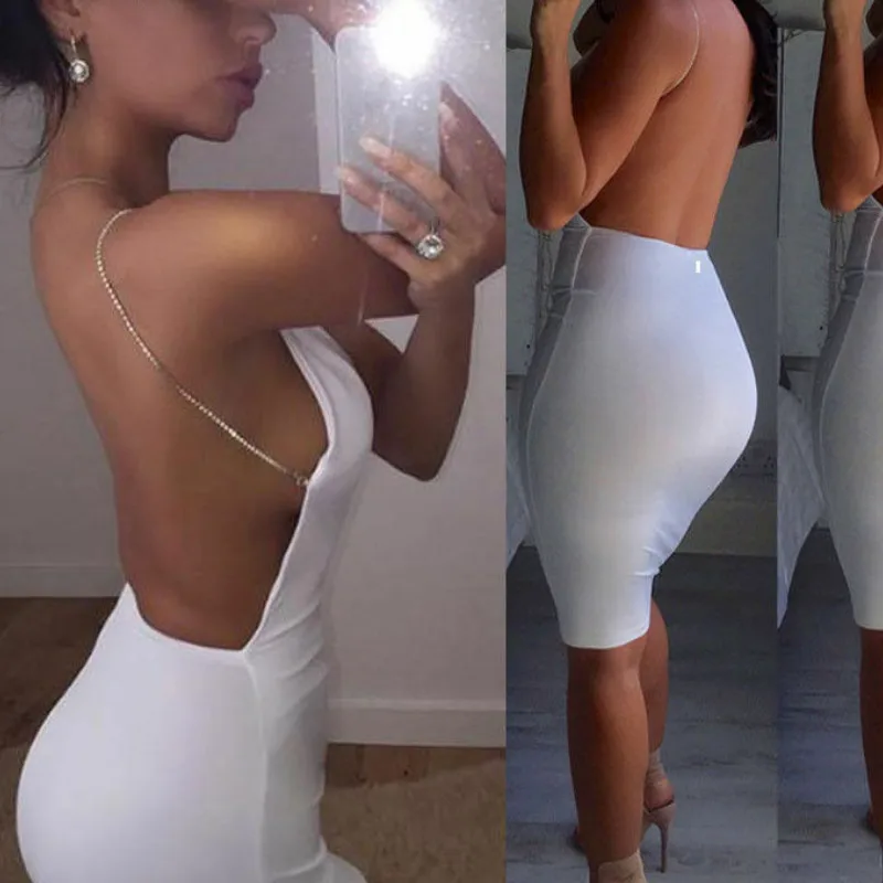 2022 Women Ladies Summer Sexy Evening Party Dress Sleeveless Solid White Backless Hollow Out Skinny High Waist Knee-Length Dress crochet bikini cover up