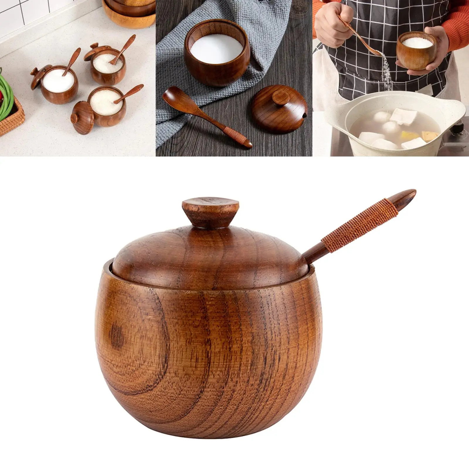Wood Seasoning Jar Seasoning Storage Container Salt Spice Pots Salt Bowl