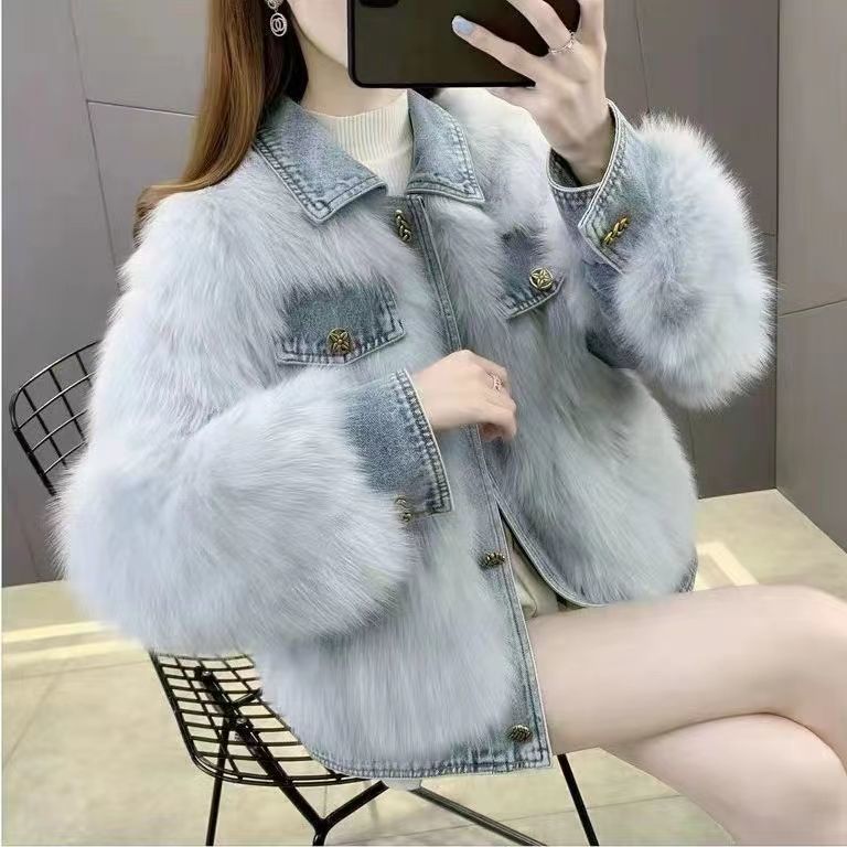 Casaco Faux Fox Fur Espessado Jean Jacket