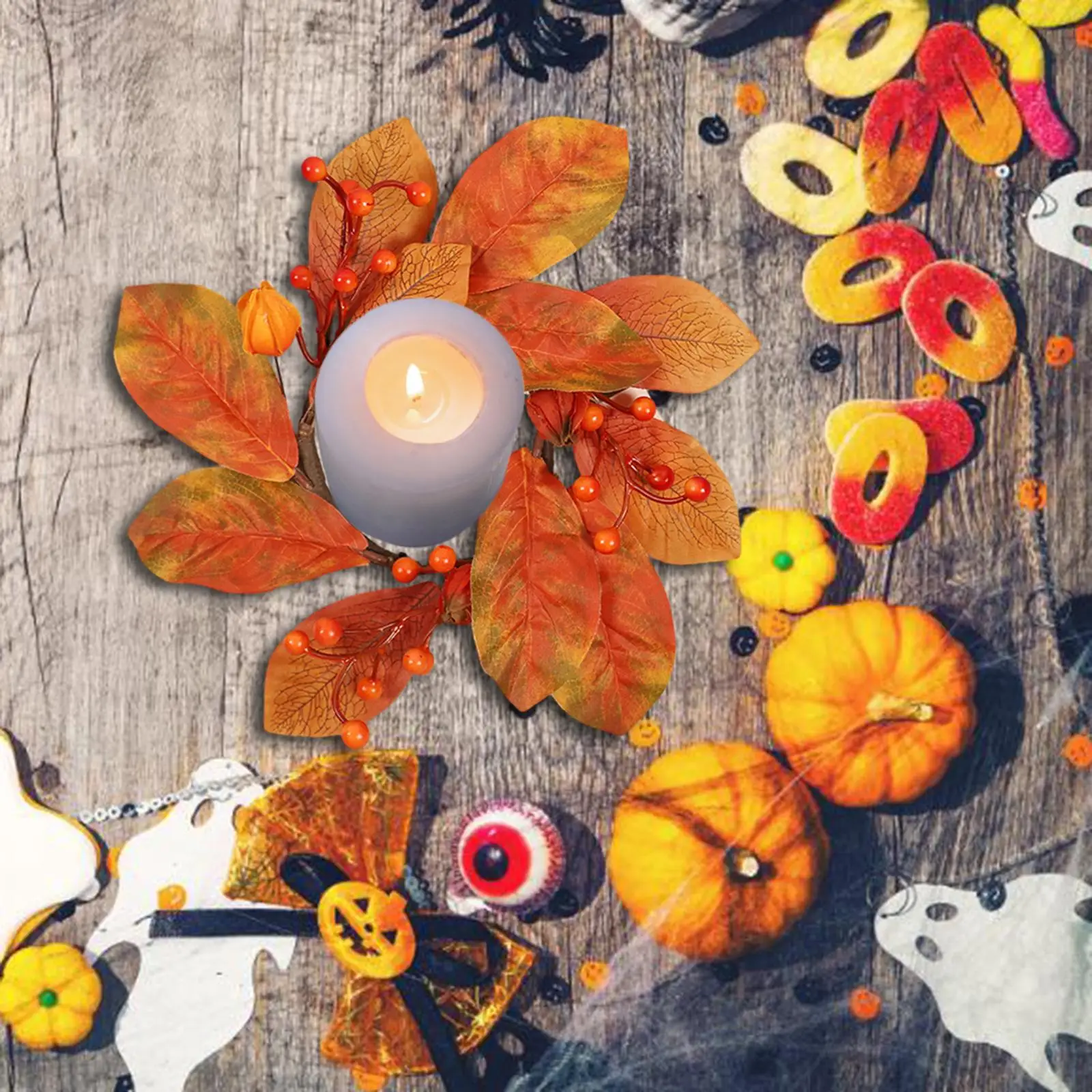 Mini Fall Candle Wreaths Rings Floral Arrangement Table Centerpieces Autumn Candle Rings for Tabletop Cafe Bar Party Farmhouse