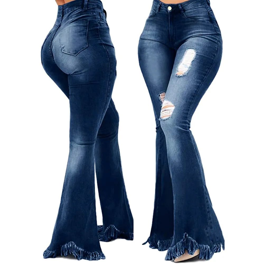 slim fit Tilorraine 2022 European and American versatile slim fit wide legs washed and perforated denim flared pants jeans ripped women topshop jeans
