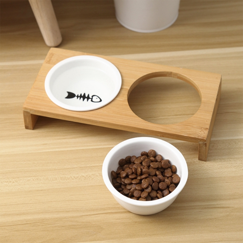 Title 9, Cat Food Bowl with Wood Holder Ceramic Feeder B...