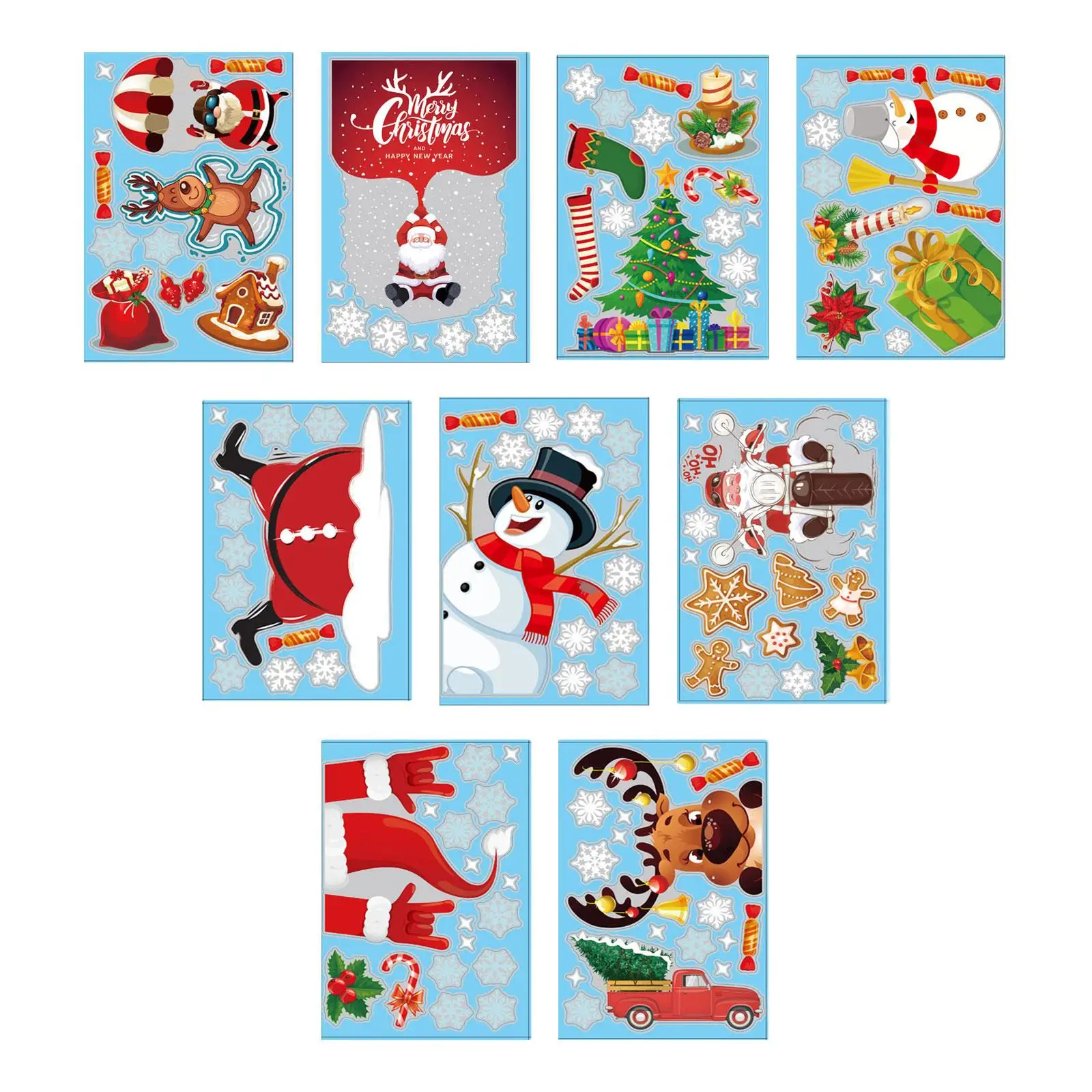 9Pcs Christmas Window Clings Door Mural DIY Christmas Tree Snowman Stickers Xmas Decal for Party Winter Holiday Bedroom Kitchen
