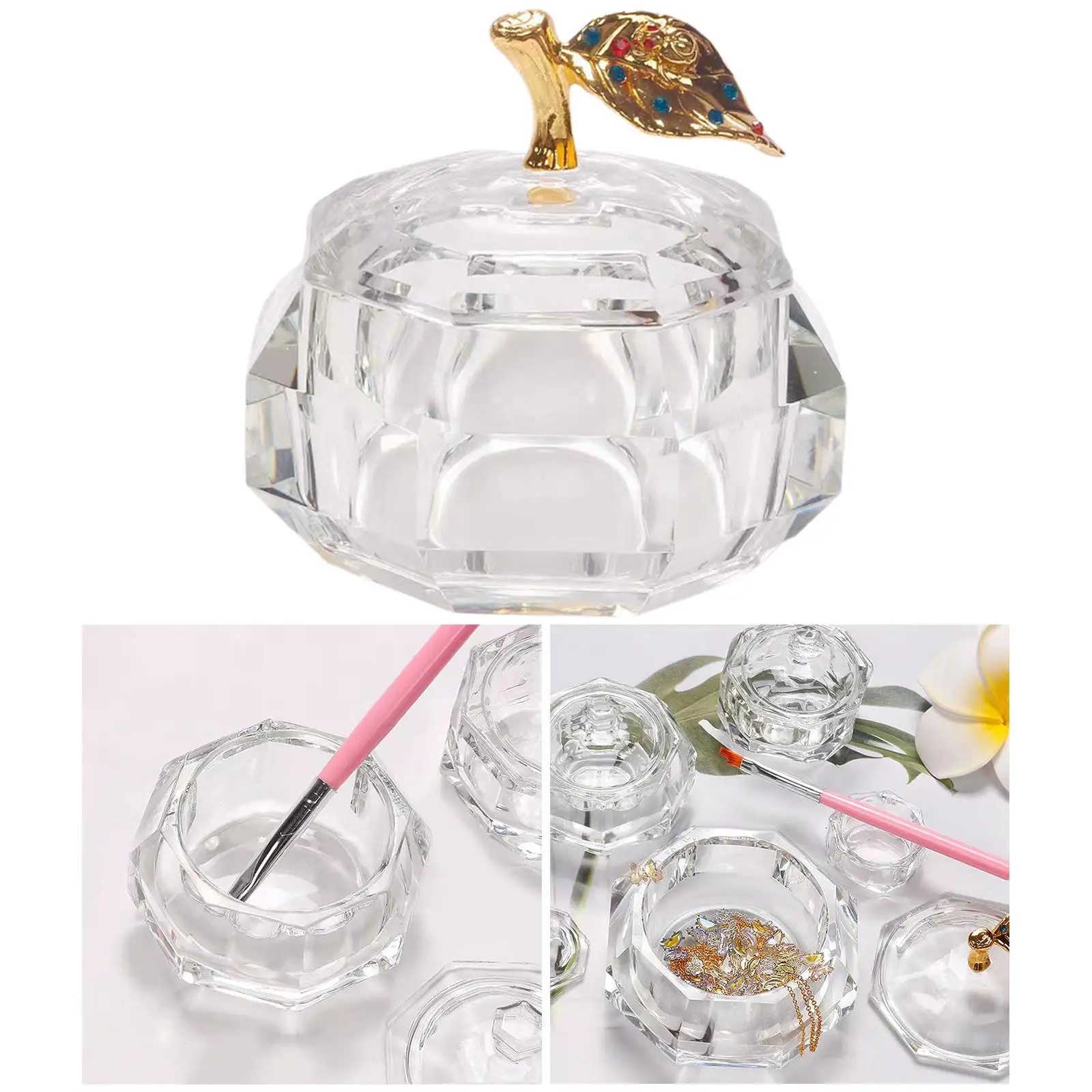 Glass Crystal Cup with Gold Lid Glitter Pigment Holder Container Nail Art