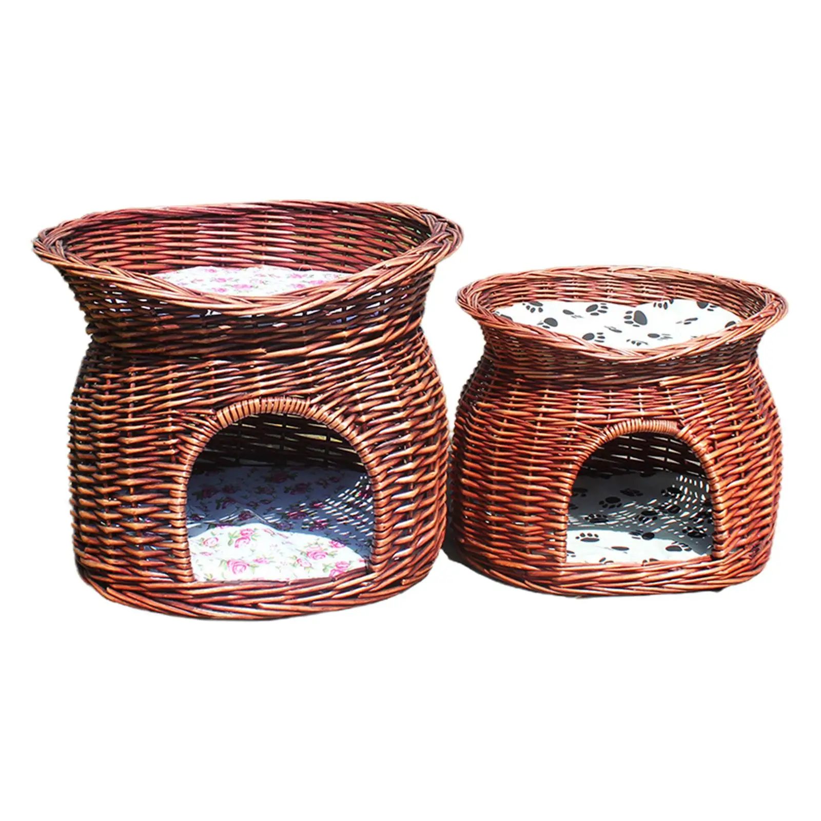 Rattan Woven Pet House with Soft Cushion Wicker Basket Cat House Kennel Breathable Cat Bed for Indoor Cats