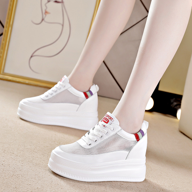 White Platform Sneakers Women Breathable Internal Height Increase Lace