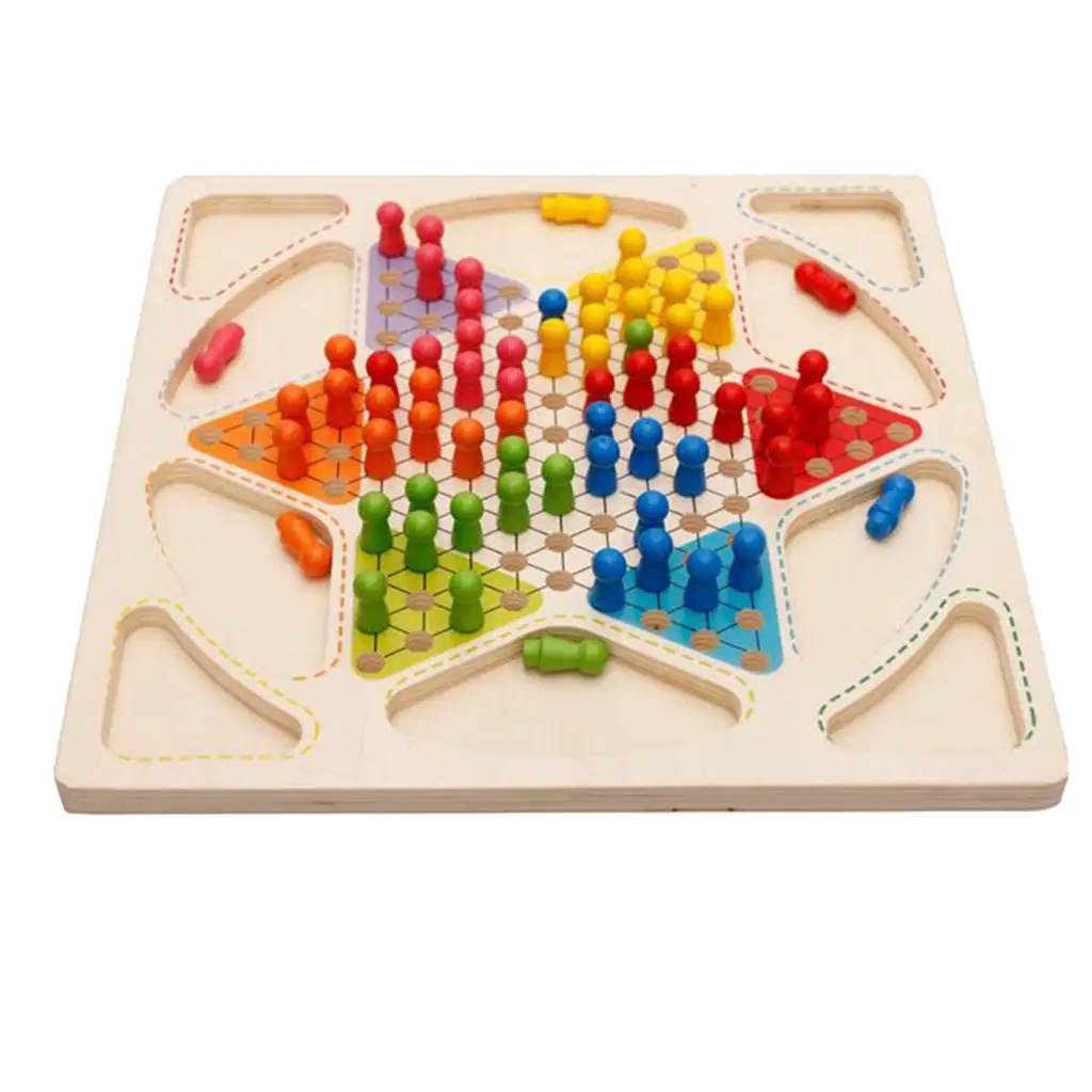 Wooden Game Set 2 in 1 Aeroplane Chess Chinese Checkers Board Toy Early