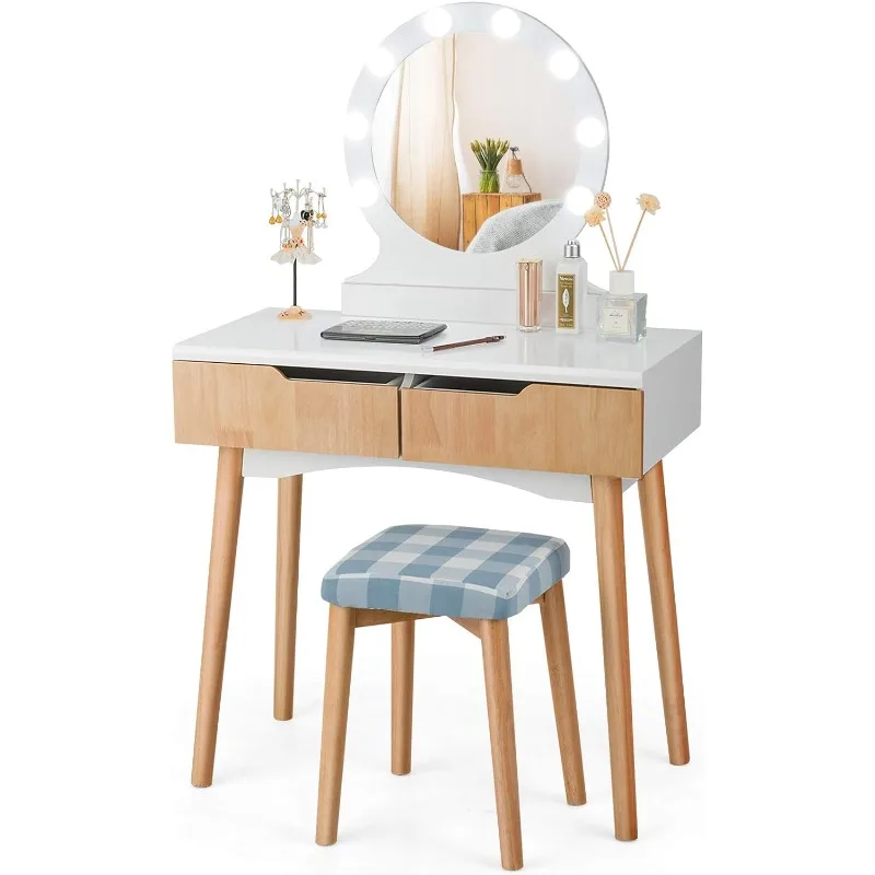 S25360427839b427b8199259e65ce1b39U Giantex Vanity Set with Round Lighted Mirror, Makeup Dressing Table, Bedroom Makeup Table with Cushioned Stool ,Vanity Table