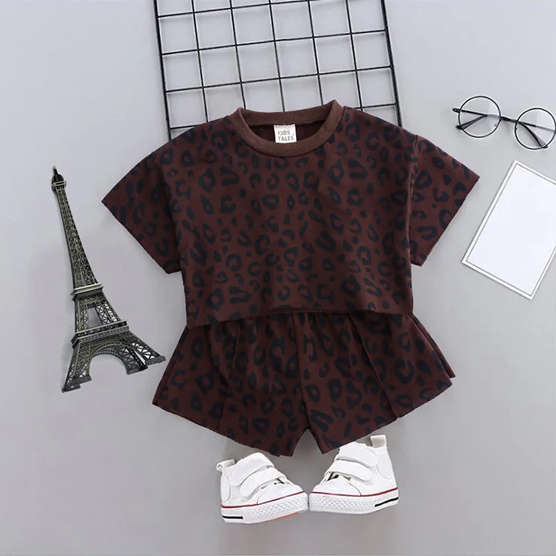 twin clothing sets	 2022 Summer  Casual Children's Sets Leopard Print Round Neck Short Sleeve T-Shirt Elastic Waist Shorts Two Piece Suit Clothing Sets classic