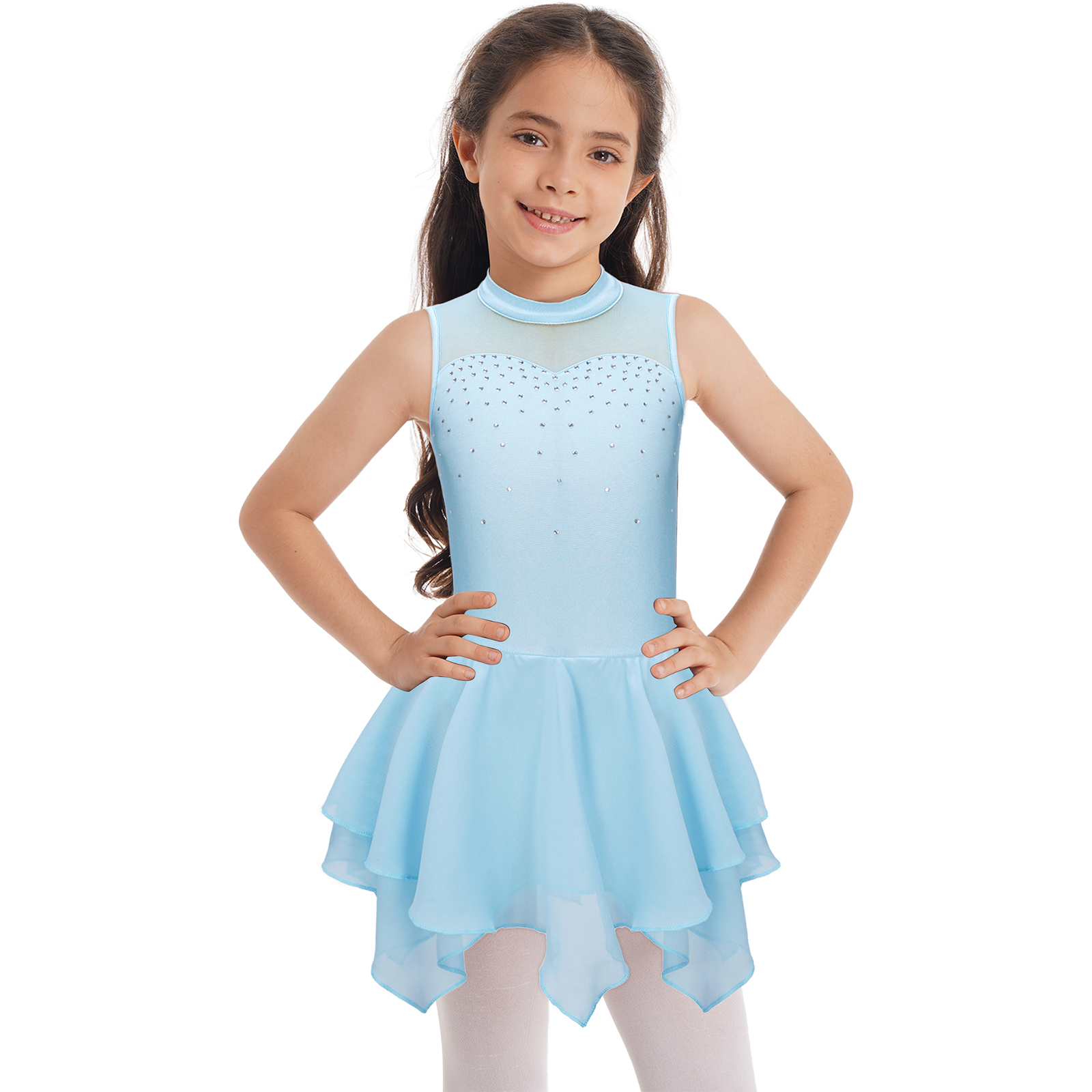 Kinder Mädchen Ballett Tanz Eiskunstlauf Kleid Gymnastik Trikot Ärmel Glänzenden Strass Kostüm Bühne Leistung Dancewear – Detail 3