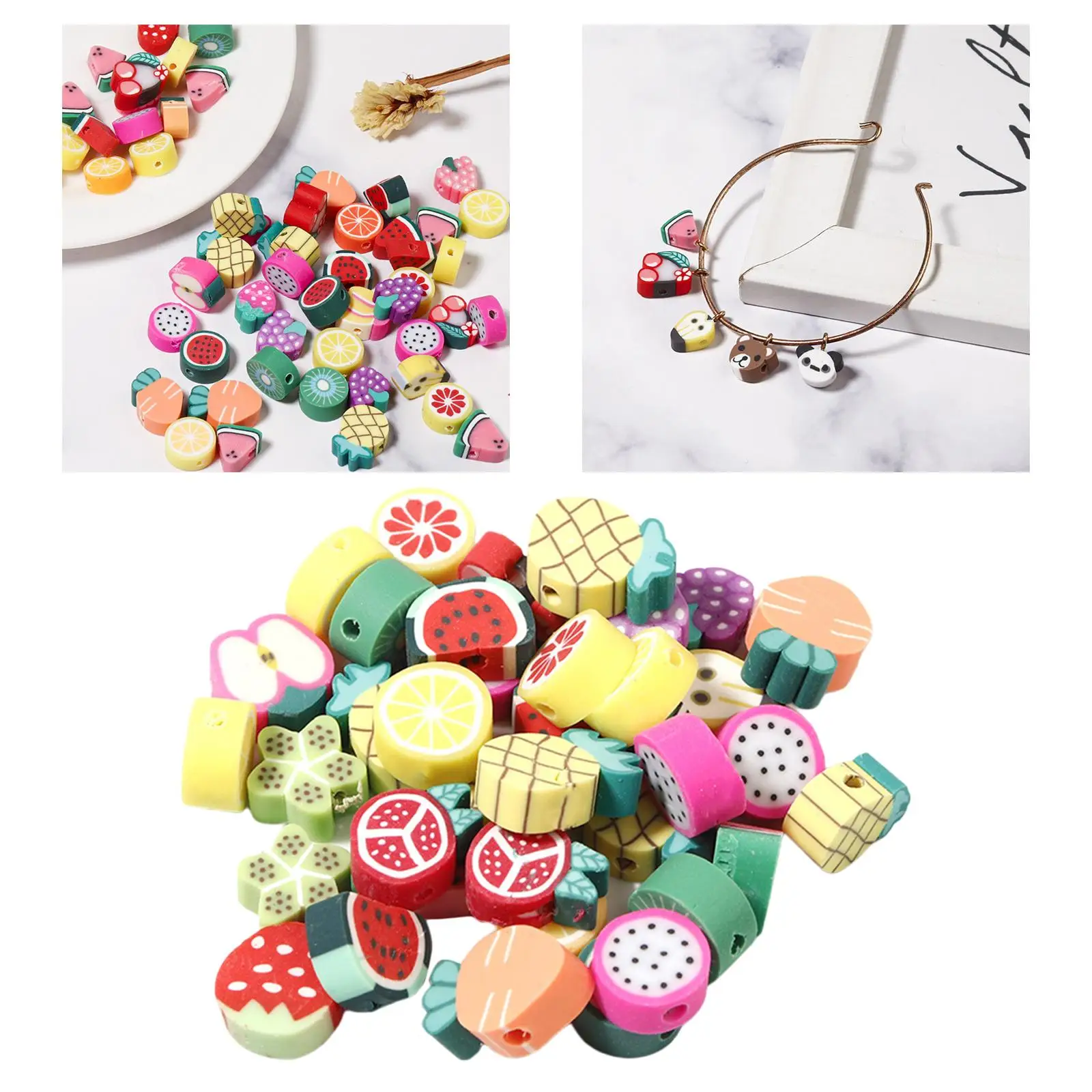 100pcs Polymer Clay Beads Multicolor Fruit Slices Loose Spacer Beads for Bracelet Earring Necklace Jewelry Making DIY Craft