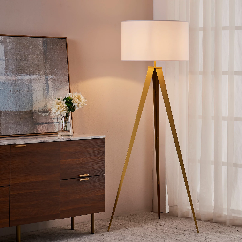 Romanza Matte Gold Tripod Floor Lamp with White Shade Bedroom Reading Deco Dining Room Light