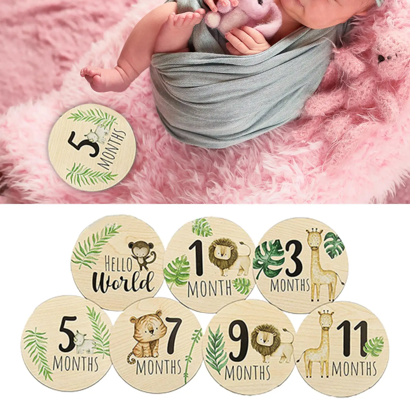 7Pcs Baby Milestone Cards Newborn Photoshoot Props Wooden Monthly Cards Photo Prop Monthly Milestone Discs for Keepsake Toy