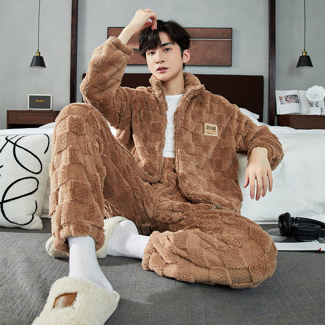 Autumn and Winter Long Plush Men's Pajamas Plaid Flannel