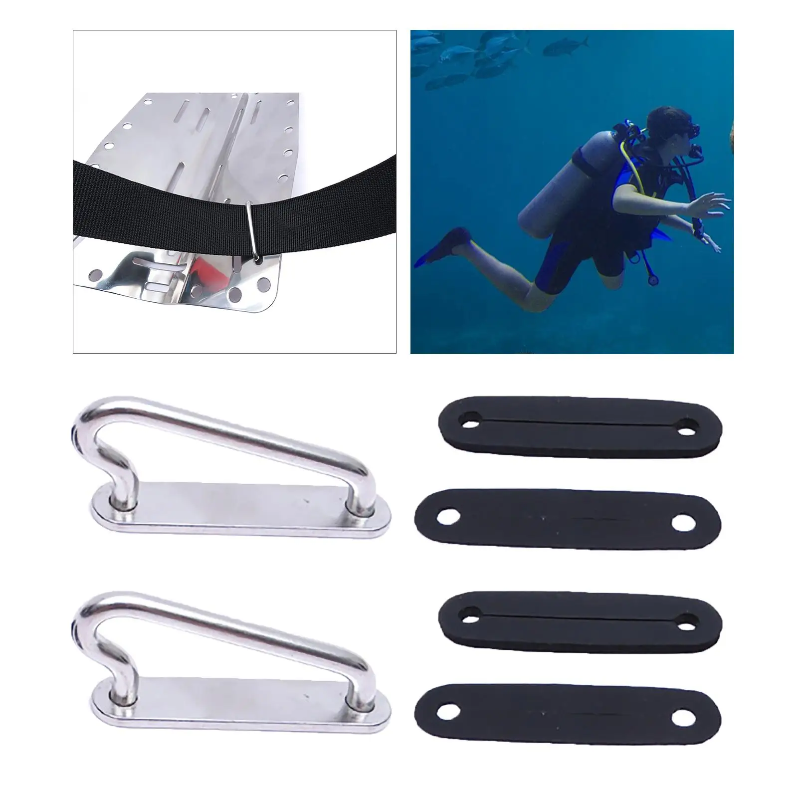 1 Pair 316 Stainless Steel Scuba Diving Quick Adjust Buckle Cinch with Rubber Pad