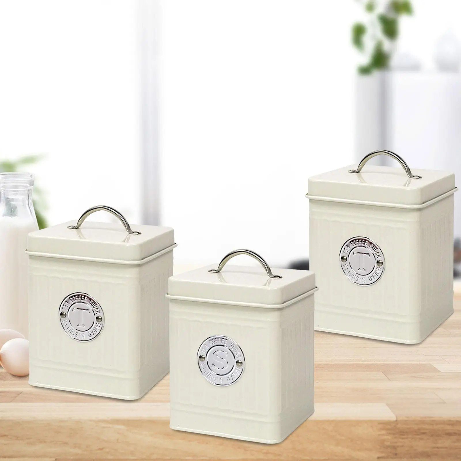 3x Decorative Kitchen Canisters with Lids 4.53x4.53x5.51inch 1.5L Square Case Tea Sugar Coffee Container for Kitchen Cafe Office