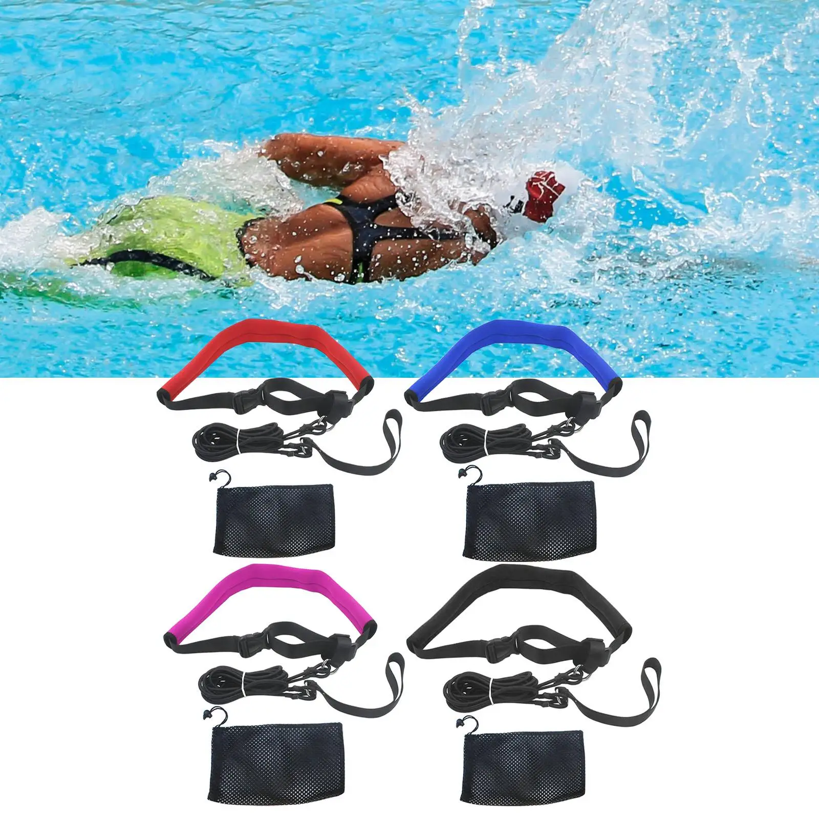 Pool Swim Trainer Belt Harness Adjustable Waist Belt Cord Loop Elastic Rope Band Swim Tether for Athletes Professionals Kids