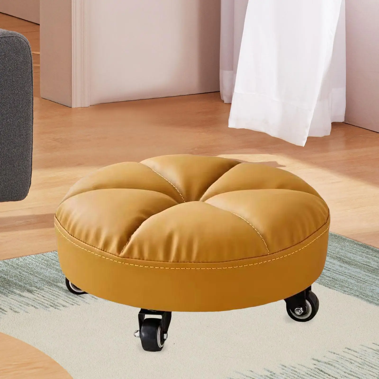 Rolling Stool with Wheels PU Leather Heavy Duty Sturdy Low Roller Seat Stool Mini Stool for Home Library Office Adult