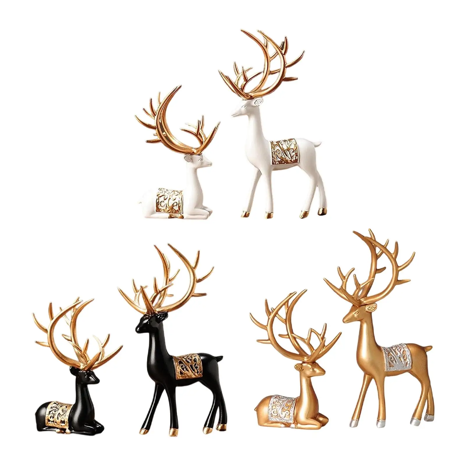 2x European Style Reindeer Statues Collection Deer Figurine Elk Couple Sculpture Resin for Desk Bookshelf Bedroom Home Birthday