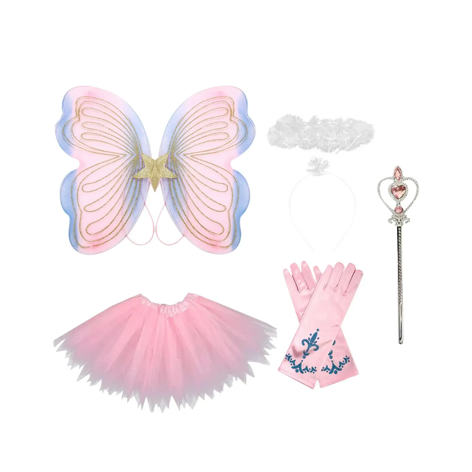Fairy Princess Costume Set Gloves Butterfly Wings Wand for Pretended Play Halloween Photo Props Stage Performance Cosplay
