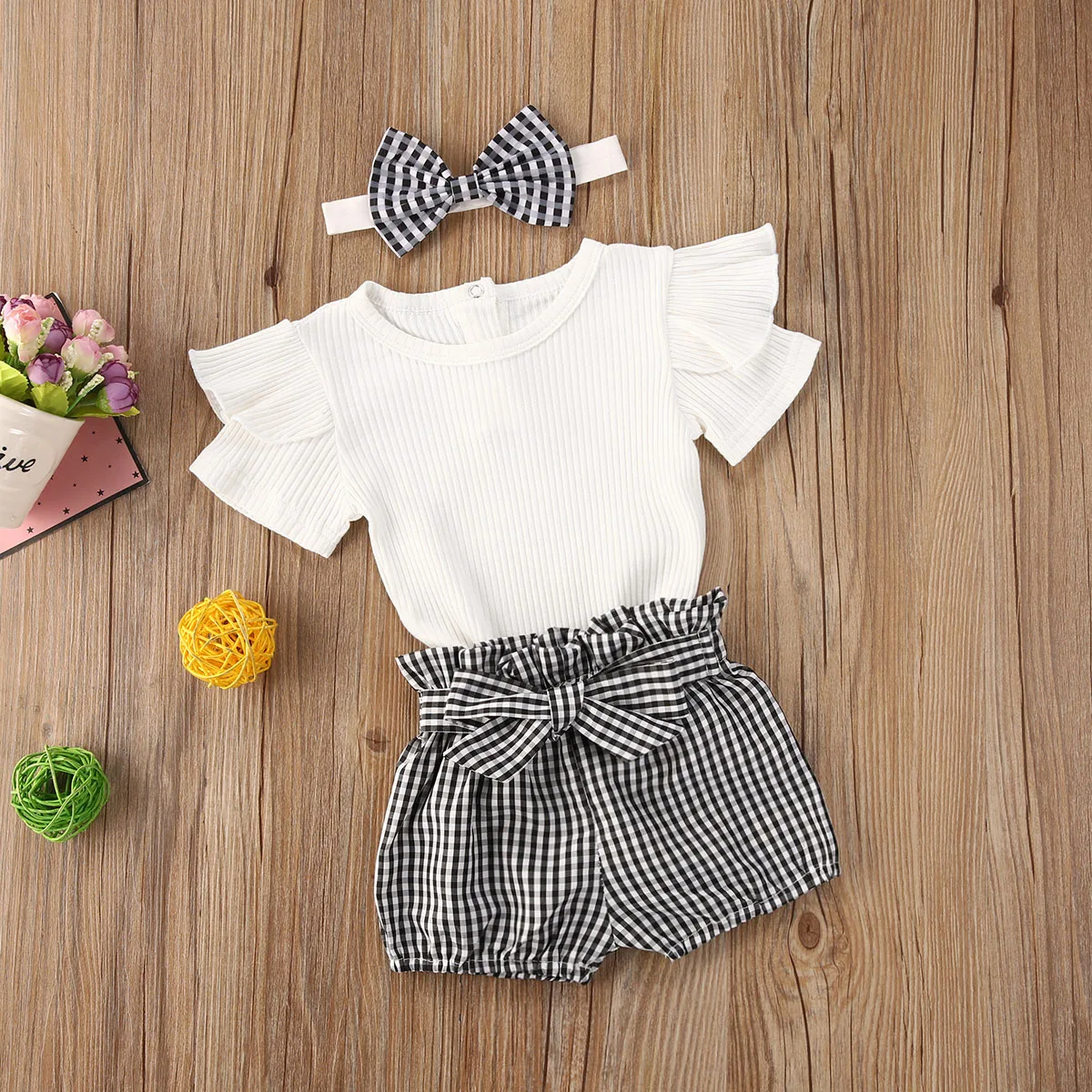 baby knitted clothing set Summer Solid 3Pcs Infant Girl Outfits Short Sleeve Ruffle Romper Plaid Shorts Bow Headband Baby Clothing Sets baby clothing set long sleeve	