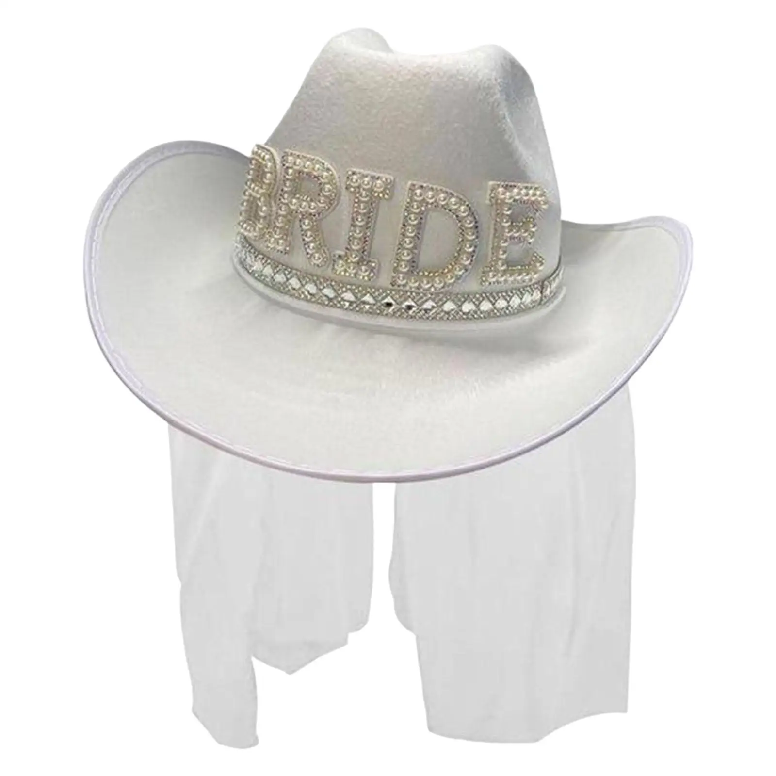 Western Style Rhinestone Bride Veil Cowboy Hat Fancy White Girls Adult Sun Hats for Cocktail Pretend Play Bridal Wide Brim Hat