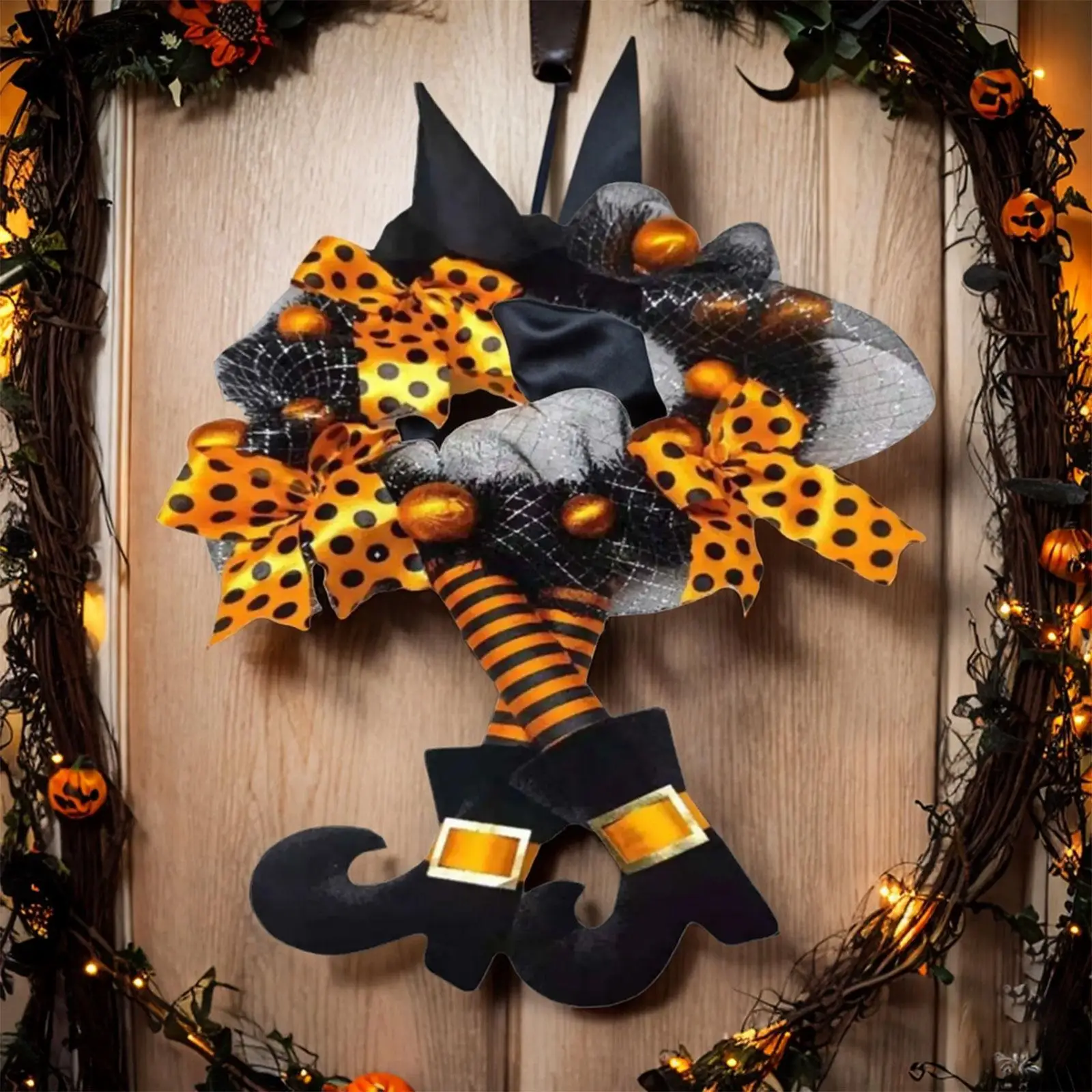 Happy Halloween Wreath for Front Door with Ribbon Ornaments with Bowknot Decorative Wreath for Wall Porch Door Home Decoration