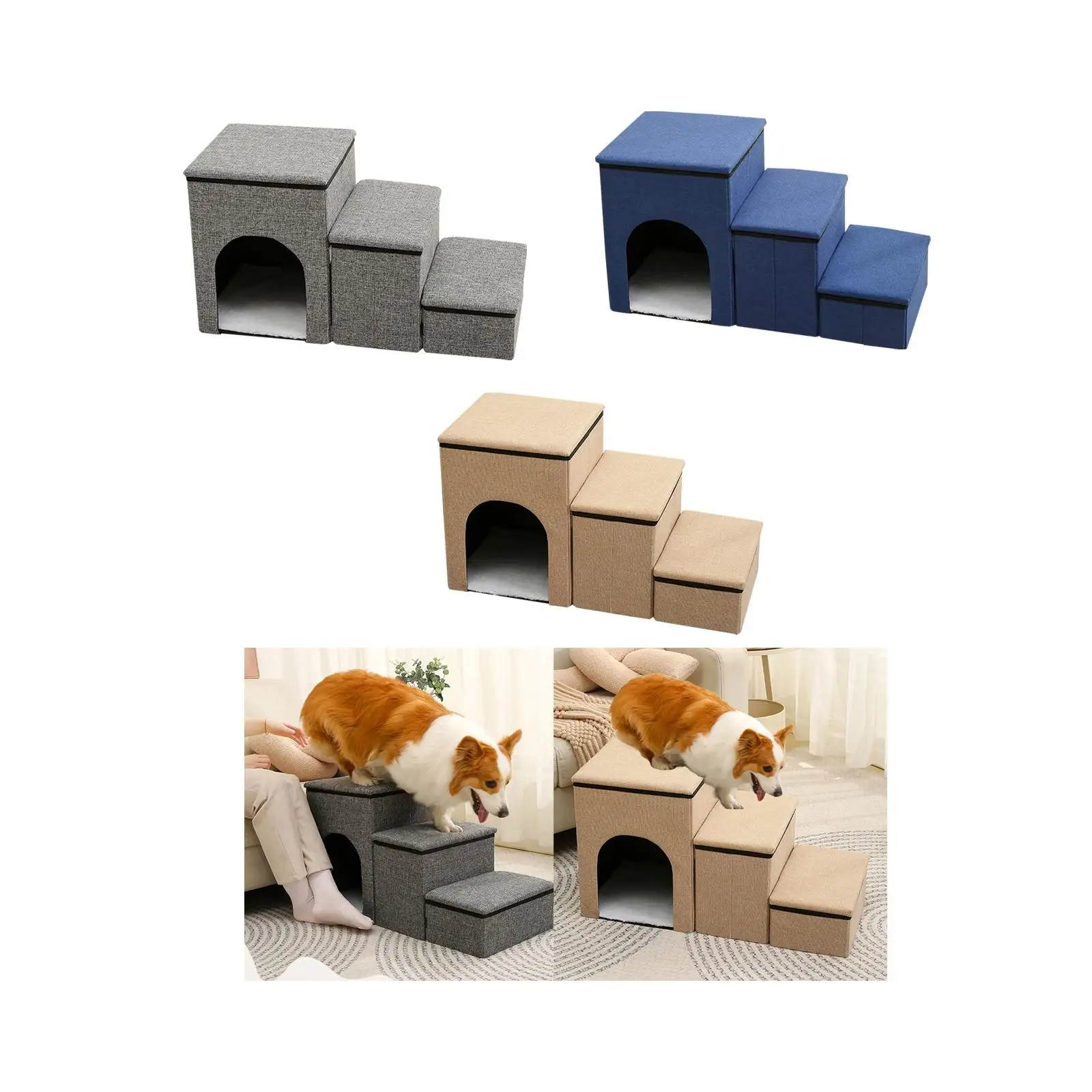 Folding Pet Stairs Couch and High Bed with Storage Condo Non Slip 3 Step Stairs Pet Storage Stepper for Small Dogs and Cats