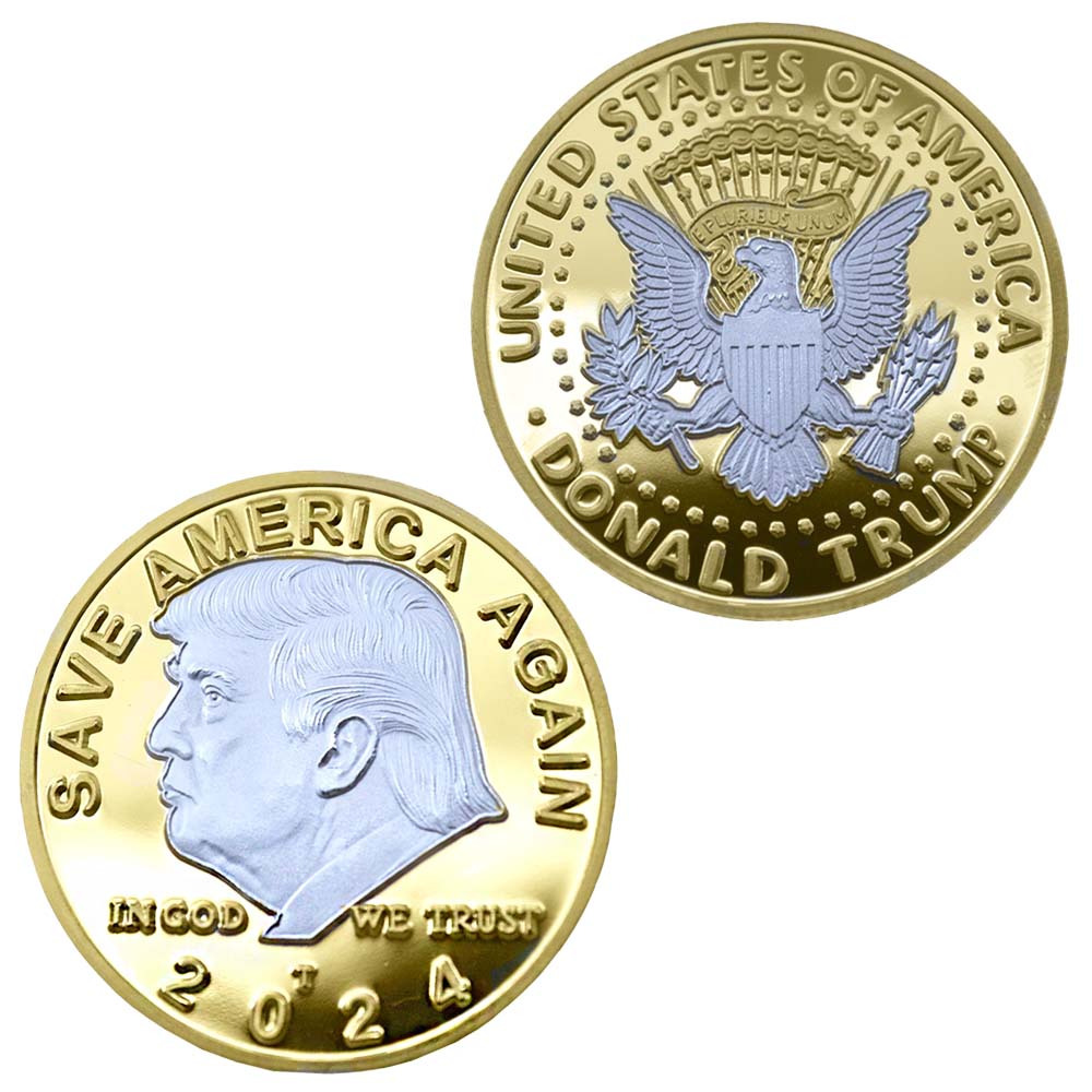 Dual display of the 'trump coins' featuring the front side's silver portrait of President Trump and the back side's silver eagle, both on a golden background.