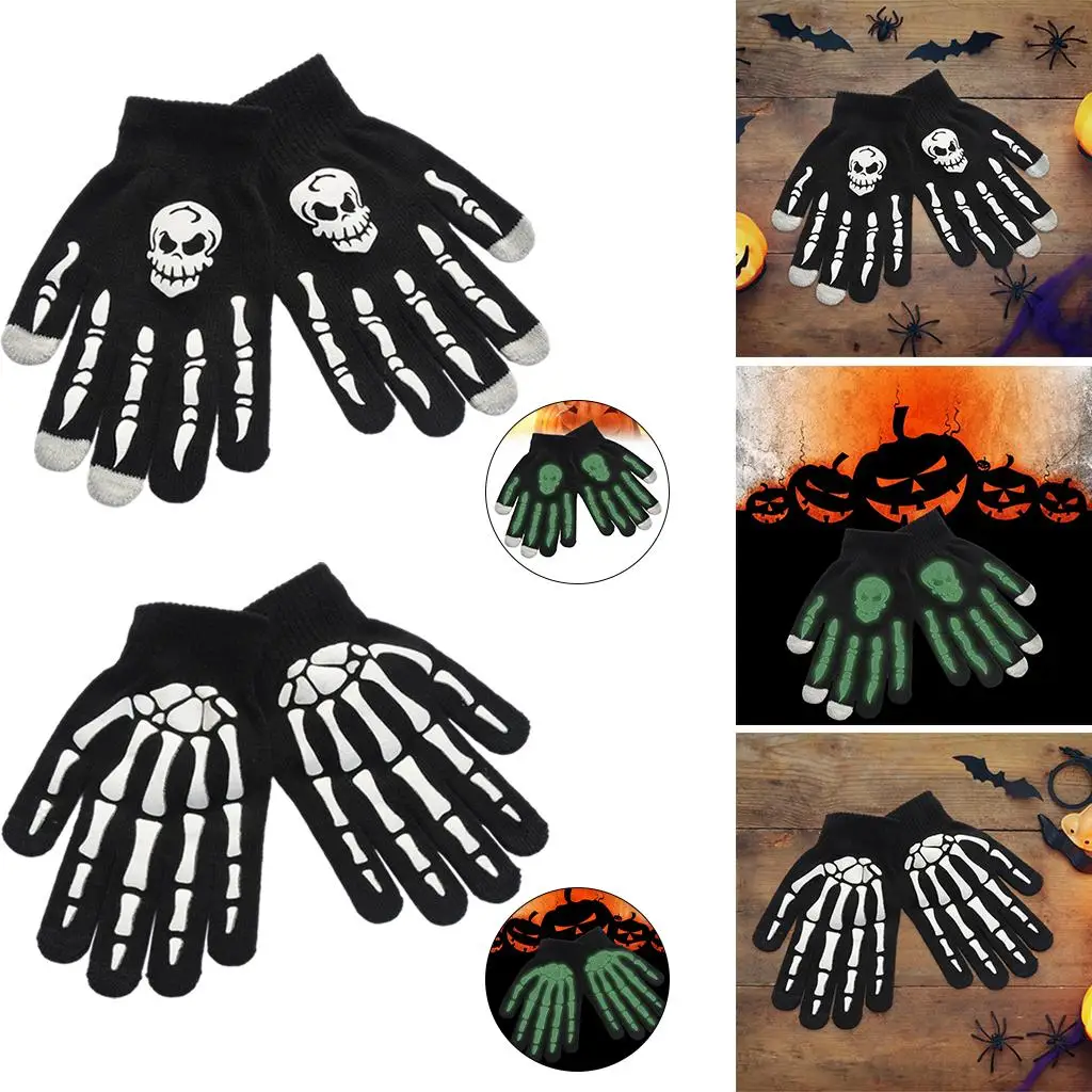 Halloween Skeleton Gloves Knit Skull Glow in The Dark Stretch Mittens for Party Props Costume Cycling Adult