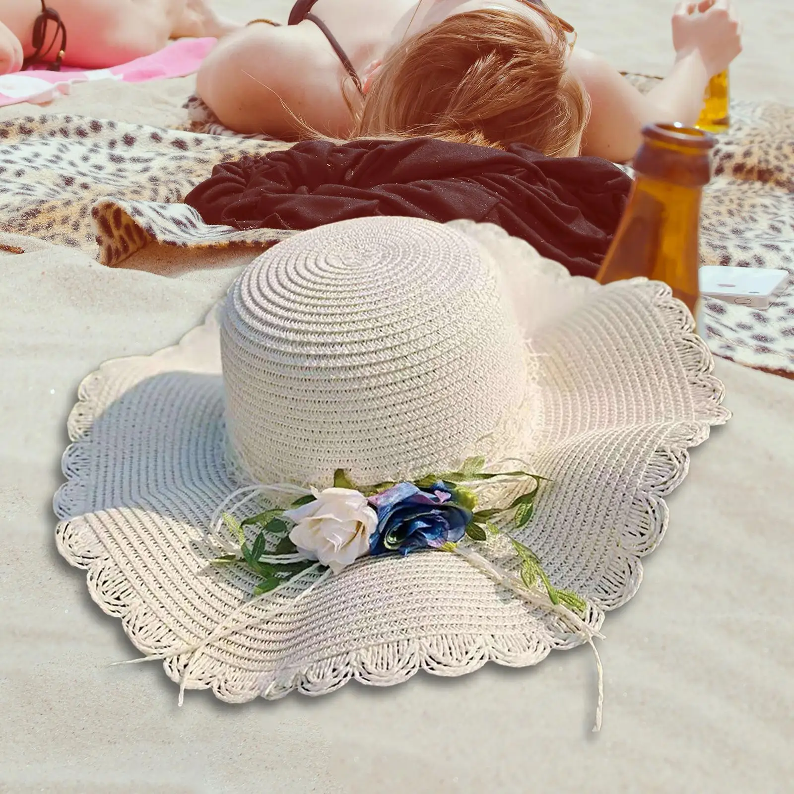 Straw Hats Women Wide Brim with Rose Embellishments Portable Women Hats Summer Sun Protection for Short Trips Festivals Gift