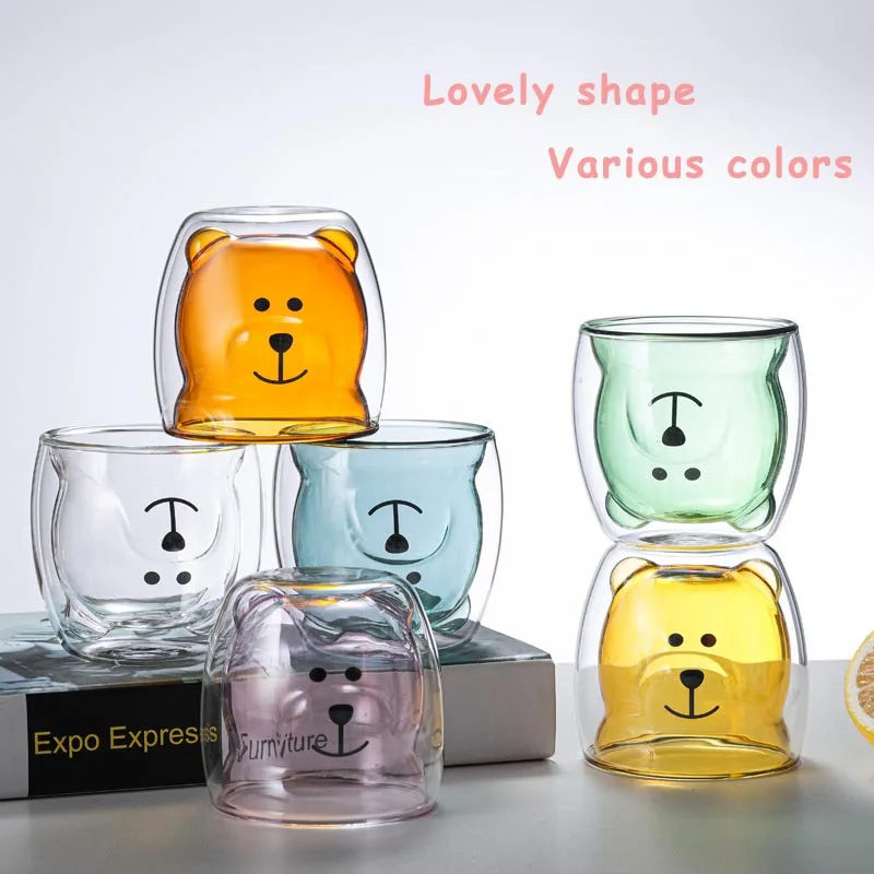 Creative glass mug Transparent Double Walls Glass mug Cartoon Bear Coffee Mug Milk Juice Cute Cup Christmas mug for Girlfriend