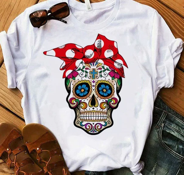 T-shirt Short Sleeve T-shirts Printing Vintage Style American Flag Bow Knot Skull display picture 1