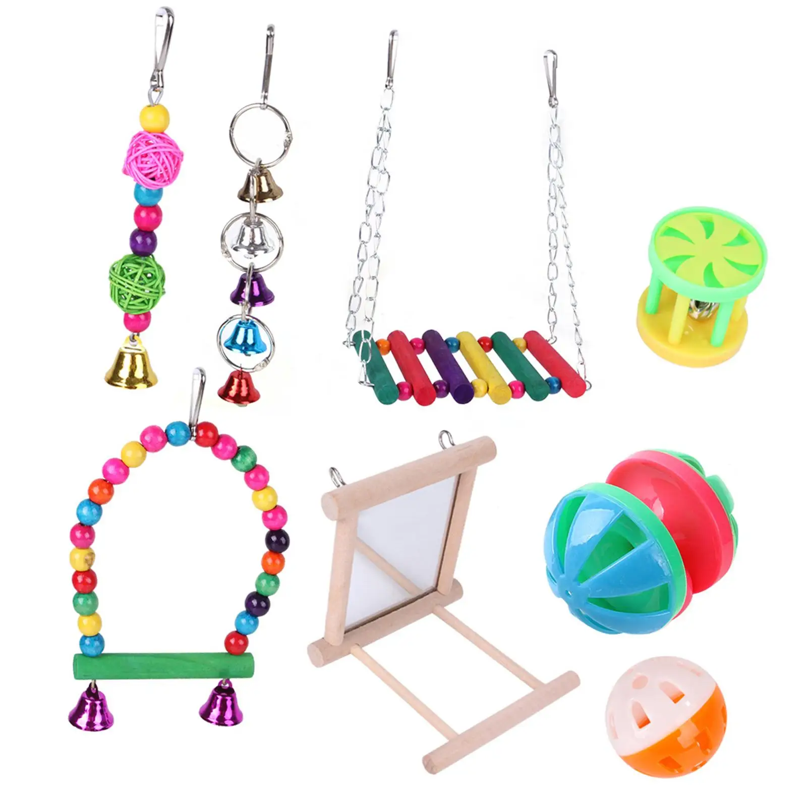 8x Parrot Toys Kit Climbing Cage Toys Hanging Bell Bead Bird Swing Toy for Conures Hamster Chinchilla Rabbit Budgie Cockatiels