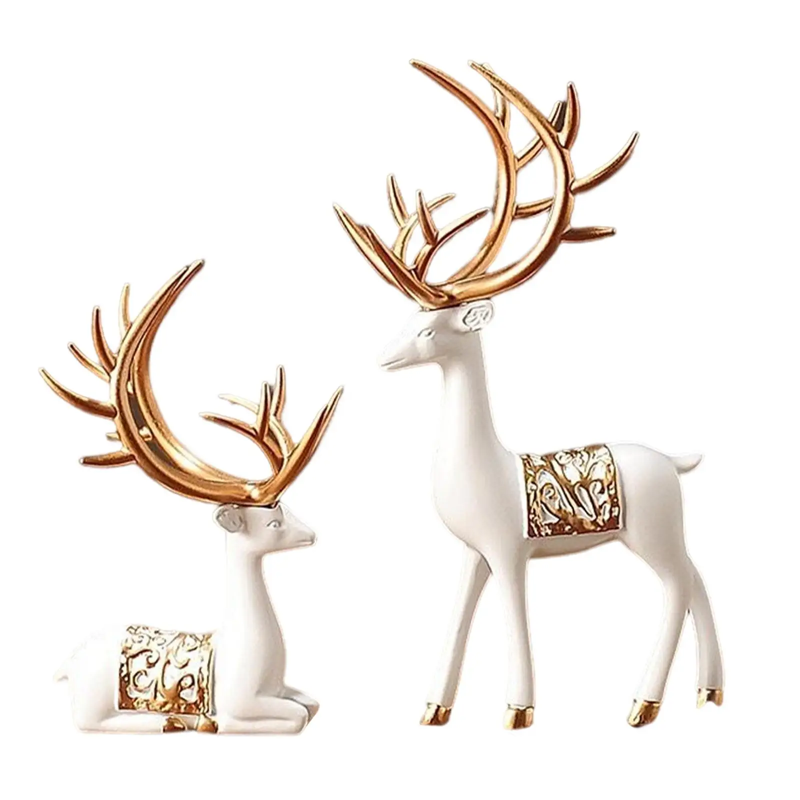 2x European Style Reindeer Statues Collection Deer Figurine Elk Couple Sculpture Resin for Desk Bookshelf Bedroom Home Birthday