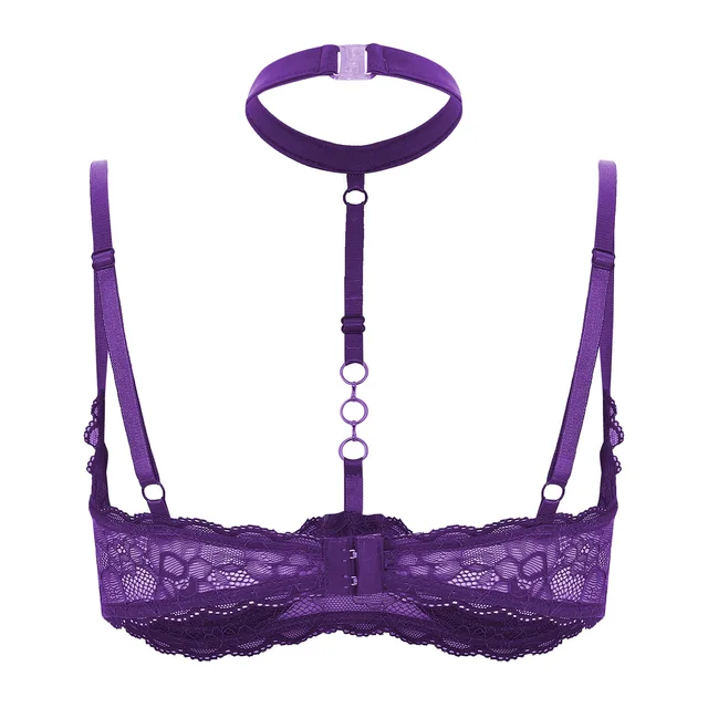 YONGHS Women Lace Sheer Push Up Bra 1/4 Quarter Cup Underwired Bralette  Lingerie Purple S