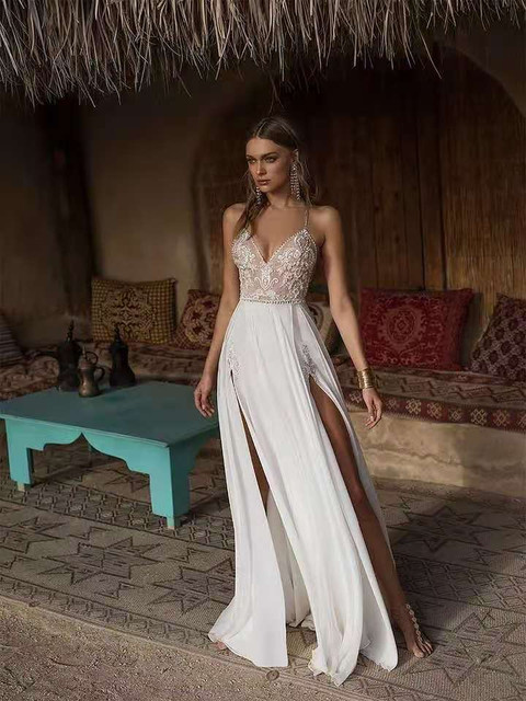 Sexy Slit Beach Wedding Dresses V Neck Appliques Spaghetti Strap