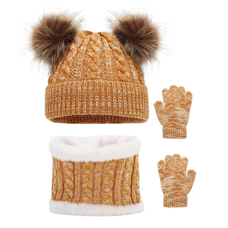 Charmingjolly Kids Winter Hat and Scarf Gloves Set Boys Girls Knitted Beanie with Double Pom-Pom Knit Gloves Neck Warmer 3 Piece Suit Scarf Free Shipping