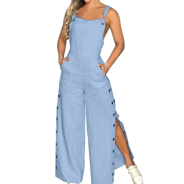 Women Cotton Linen Strappy Jumpsuit Dungarees Baggy Overall Trouser With  Pockets