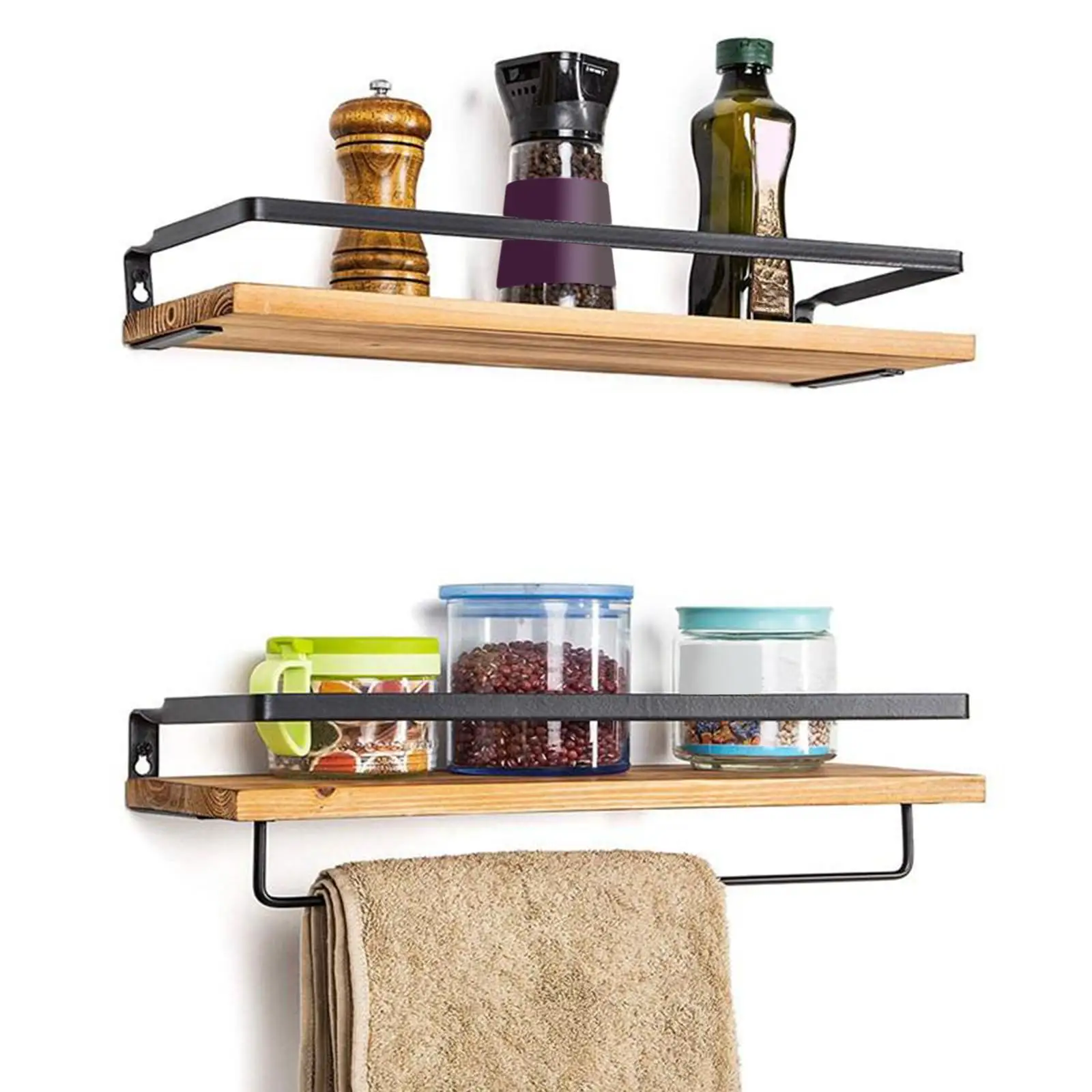 Wood Floating Shelves Wall Mounted Bathroom Shelf Rustic Storage Shelves with Removable Towel Holder for Kitchen Living Room