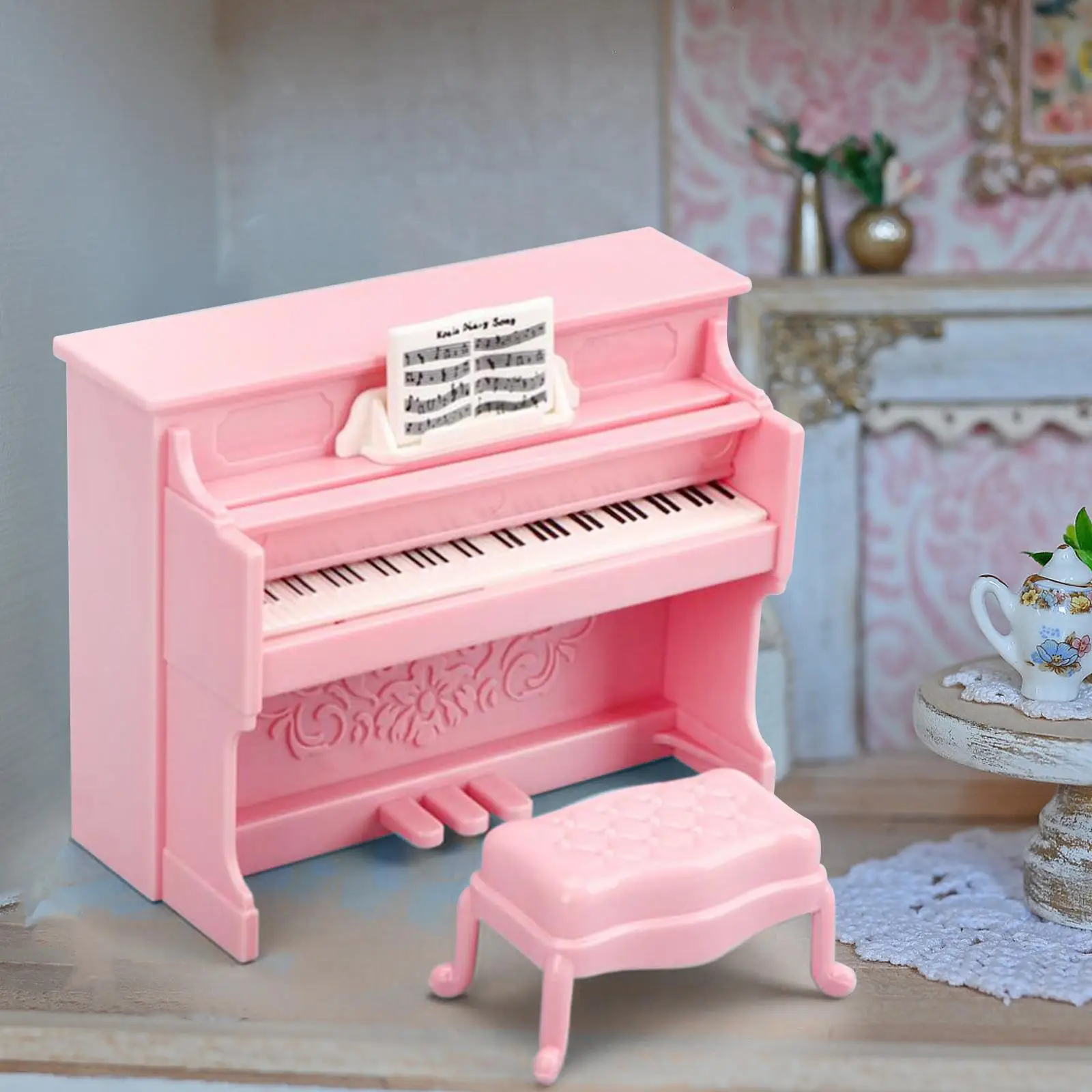 Miniature Piano with Stool Accessory for Props Window Display Handcraft