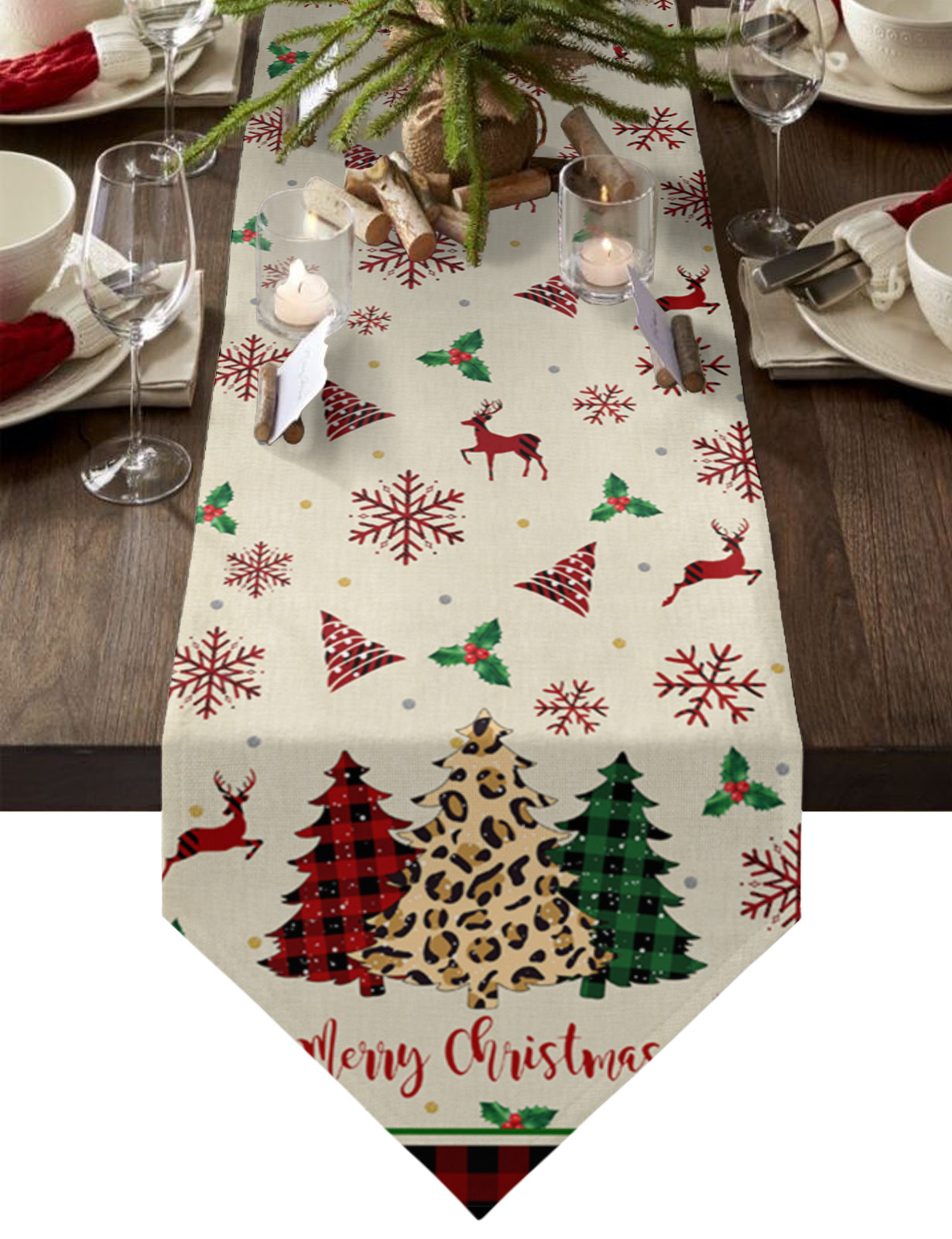 Description Picture 6 of itemChristmas Snowflake Elk Linen Stain Resistant Table Runner Christmas Dinner Party Wedding Table Runner Kitchen Table Decorations