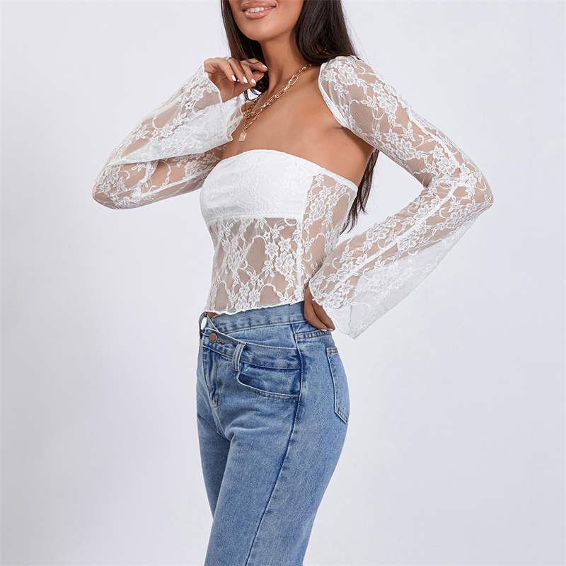 Ootddress Tube Top with Shrug Women Sexy See Through Strapless Bandeau Vest and Long Sleeve Cover Up Lace Clothes Party Clubwear