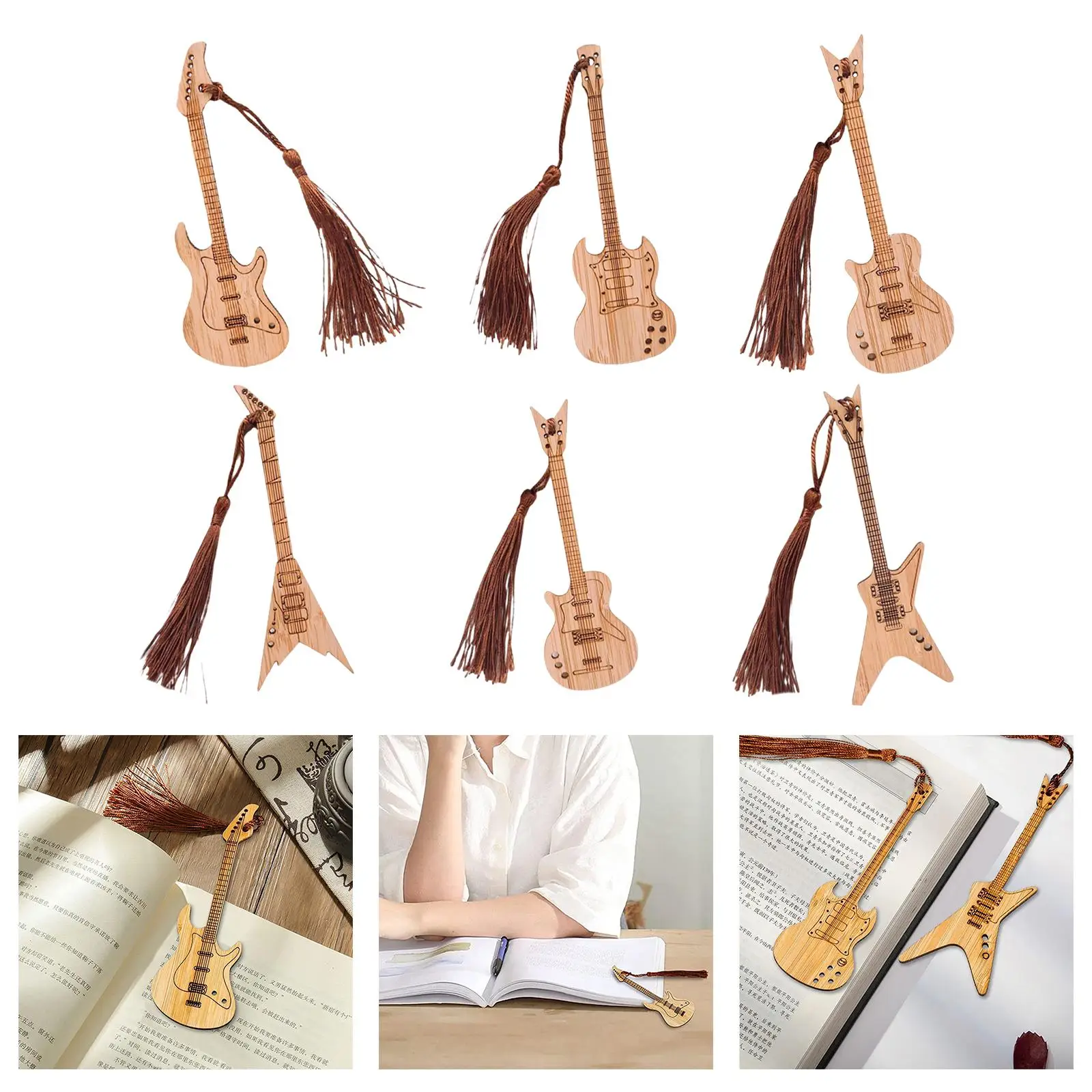 6x Guitar Bass Bookmarks with Tassels Page Holder Portable Lightweight Wood Bookmark for Birthday Gift Book Decoration
