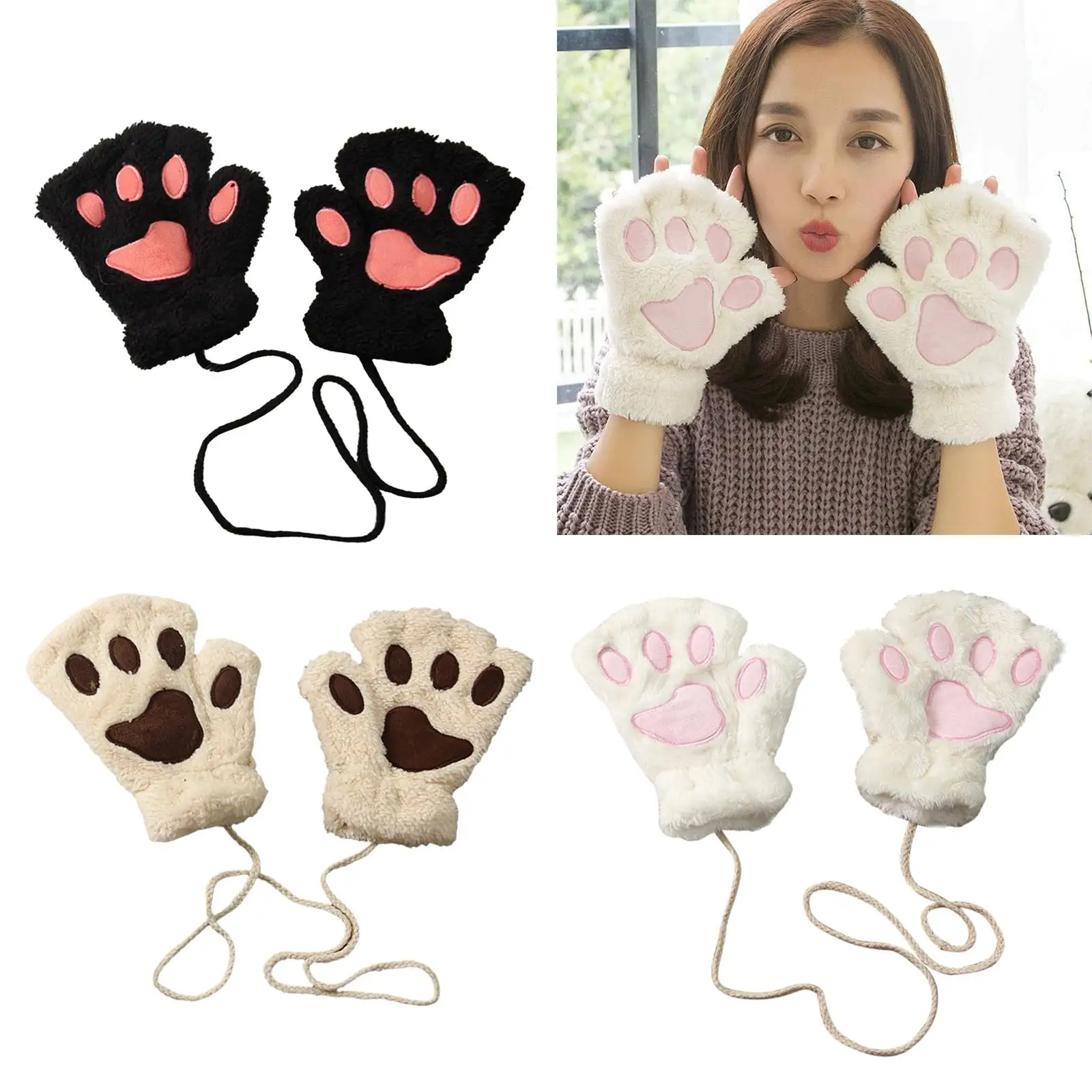 Cat Paw Claw Gloves Women Half Finger Fingerless Teens Girls Warm Soft Glove